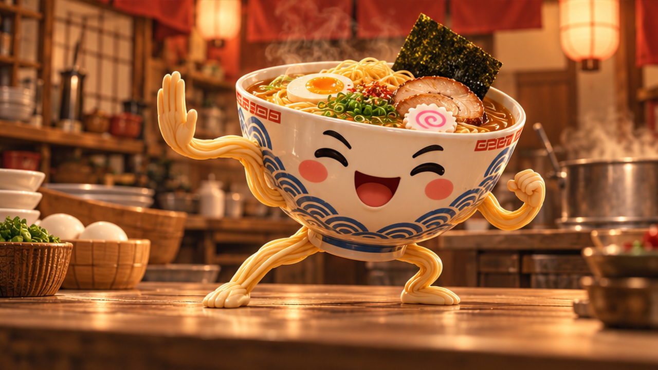 Exemplo ilustrativo IA de Kung Fu Ramen: uma pose de artes marciais de ramen bowl