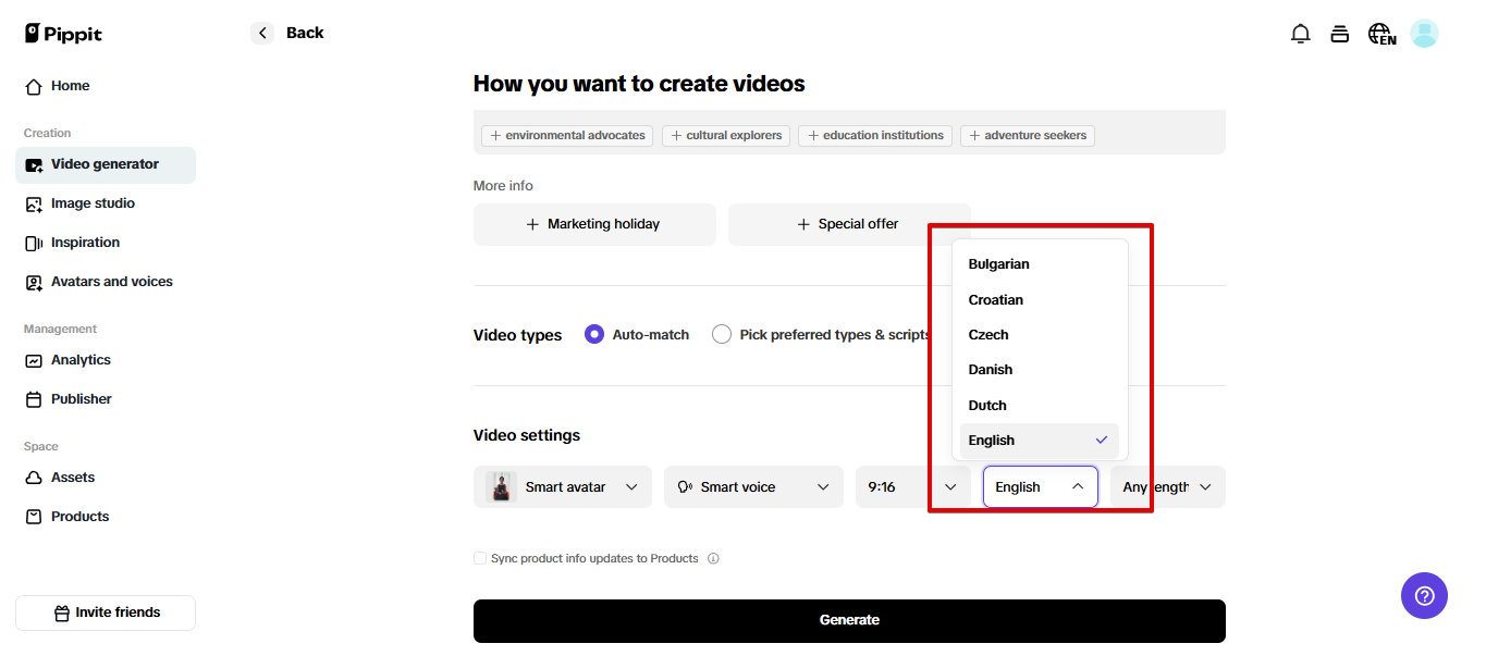 Multi-lingual video generation in Pippit