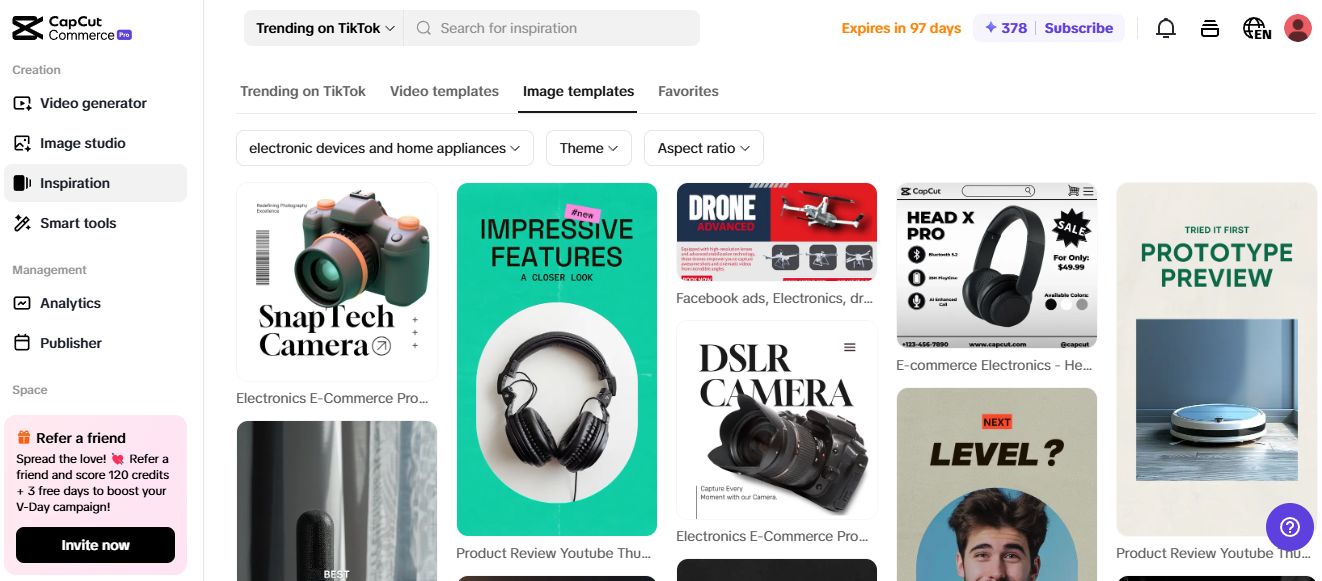 Pagina di ispirazione di Pippit che mostra modelli di prodotti elettronici per strumenti di business online.