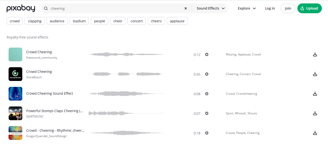 Pixabay - platform pergi ke untuk pelbagai kesan bunyi sorak
