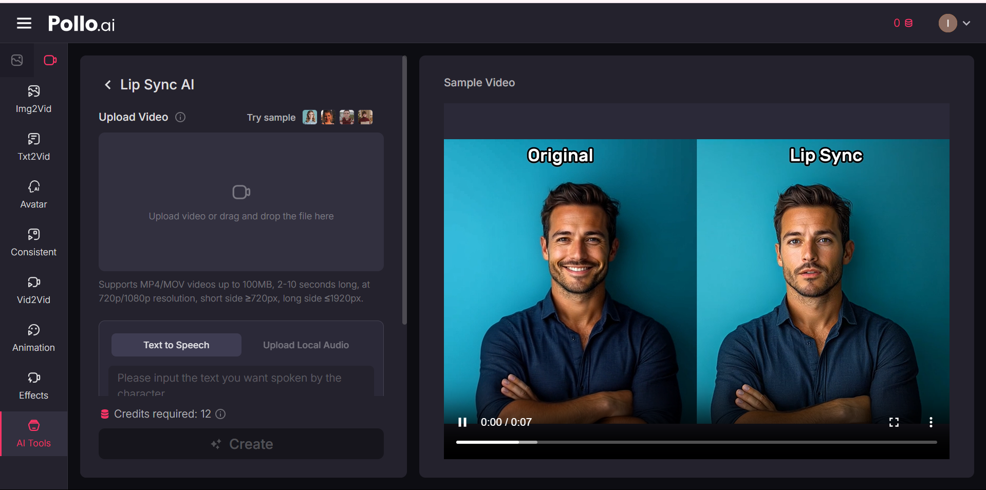Interface of Pollo AI - a reliable tool to lip sync AI online free