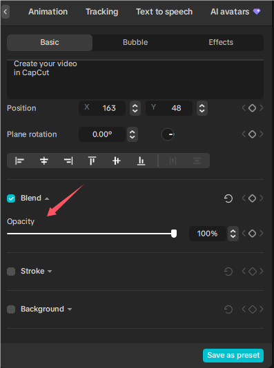 Adjust text opacity in CapCut