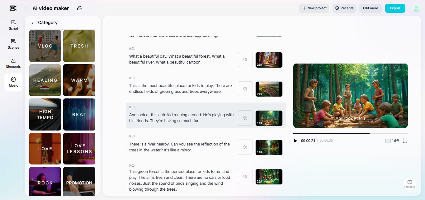 The interface of the CapCut online video editor featuring its AI video maker tool