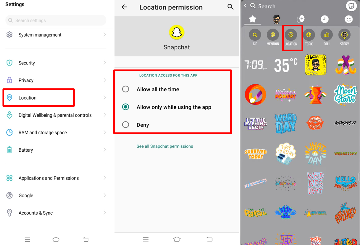 Obrázek ukazuje, jak přidat umístění na Snapchat Android