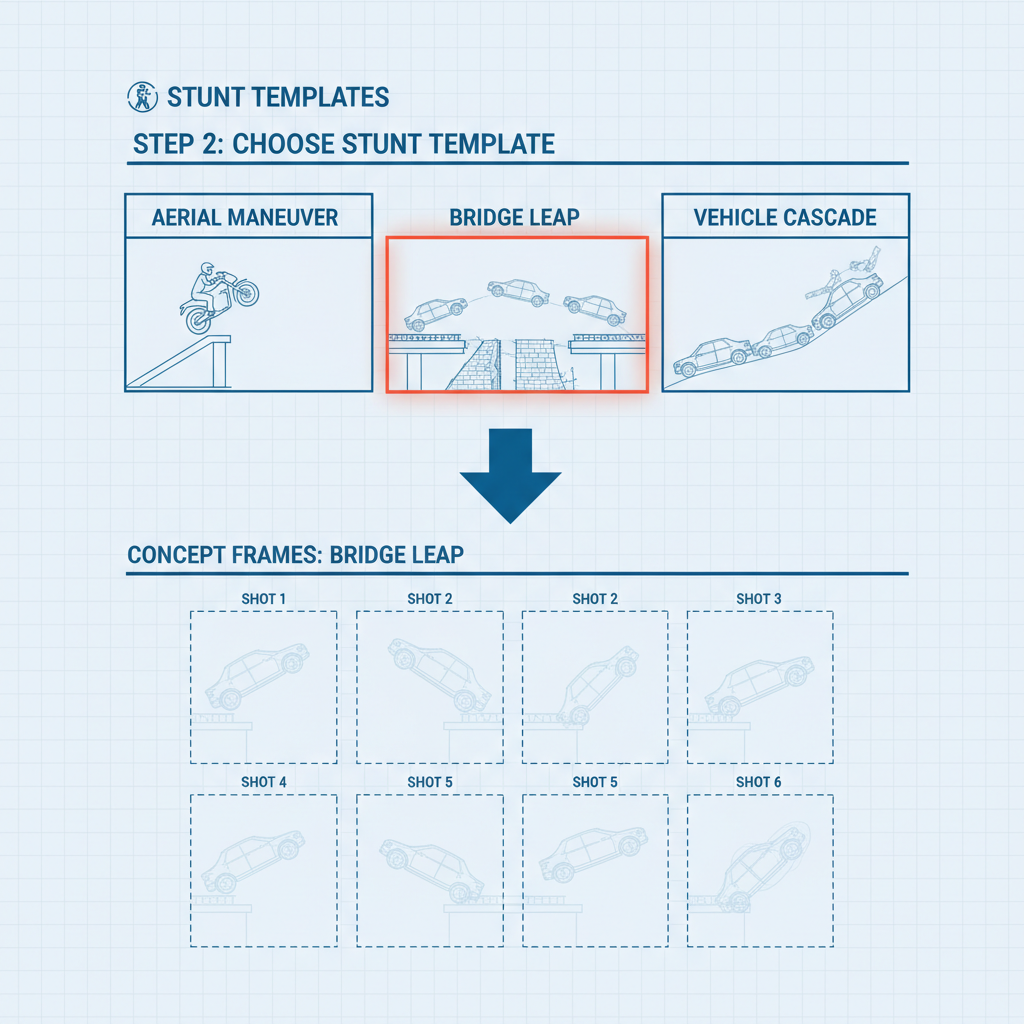Step 2 illustration: choose stunt template—bridge leap concept grid, clean composition.