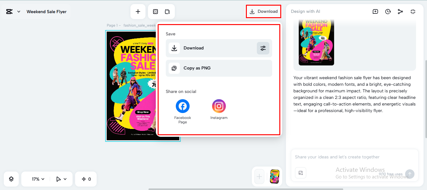 Exporting the flyer from the CapCut desktop video editor