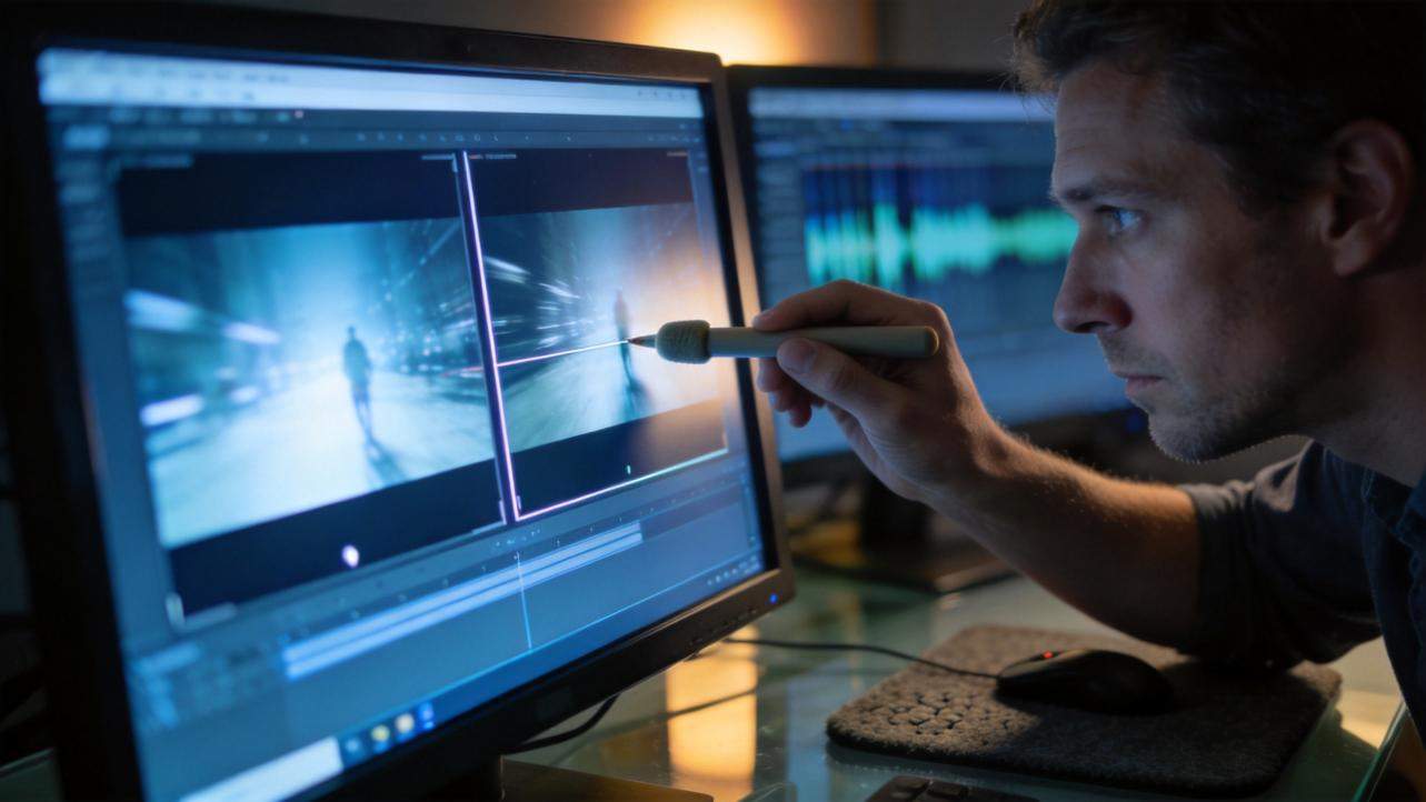 Man editing video on dual monitors, pointing at a timeline and preview frames with a stylus