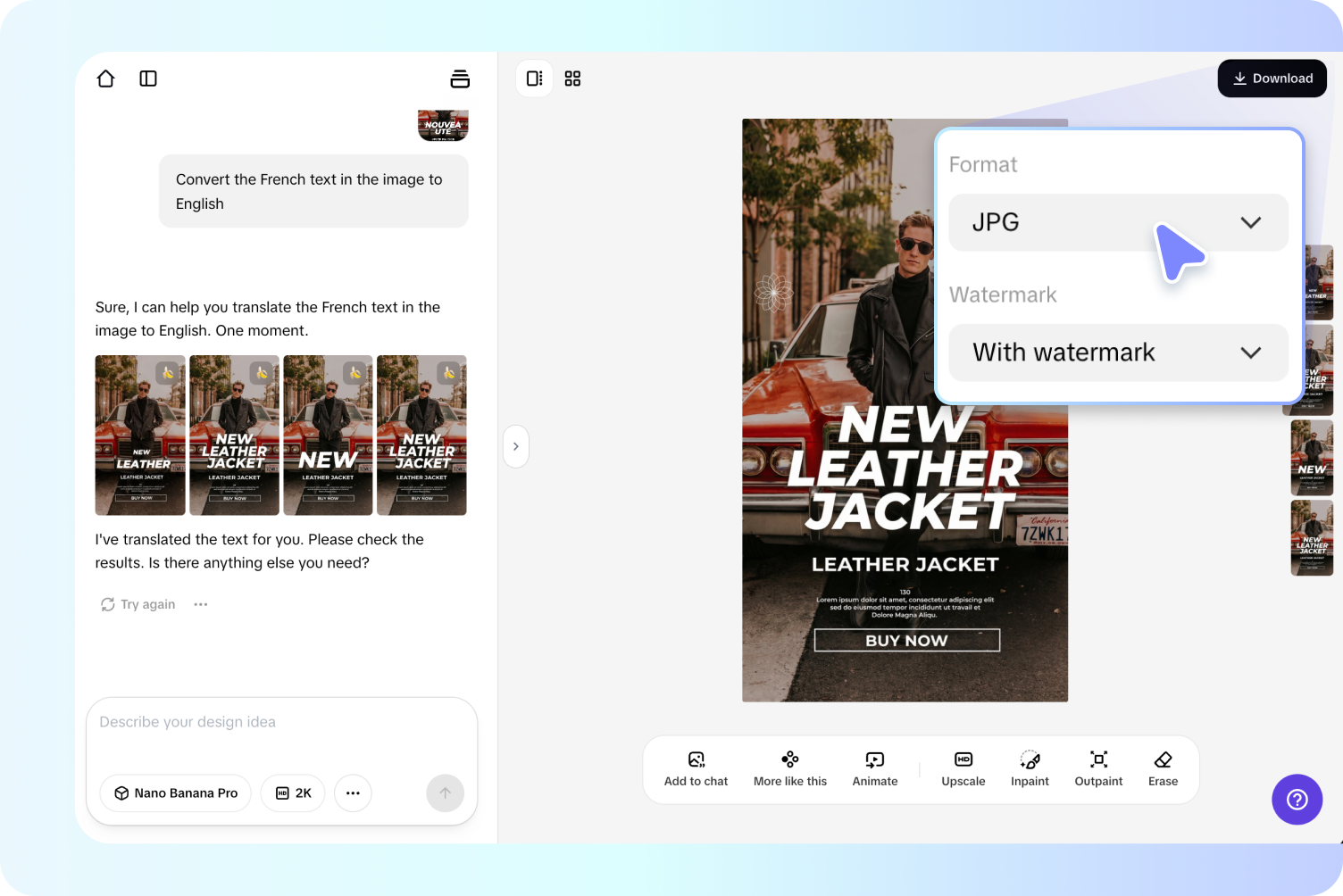 Exporting translated image from Pippit