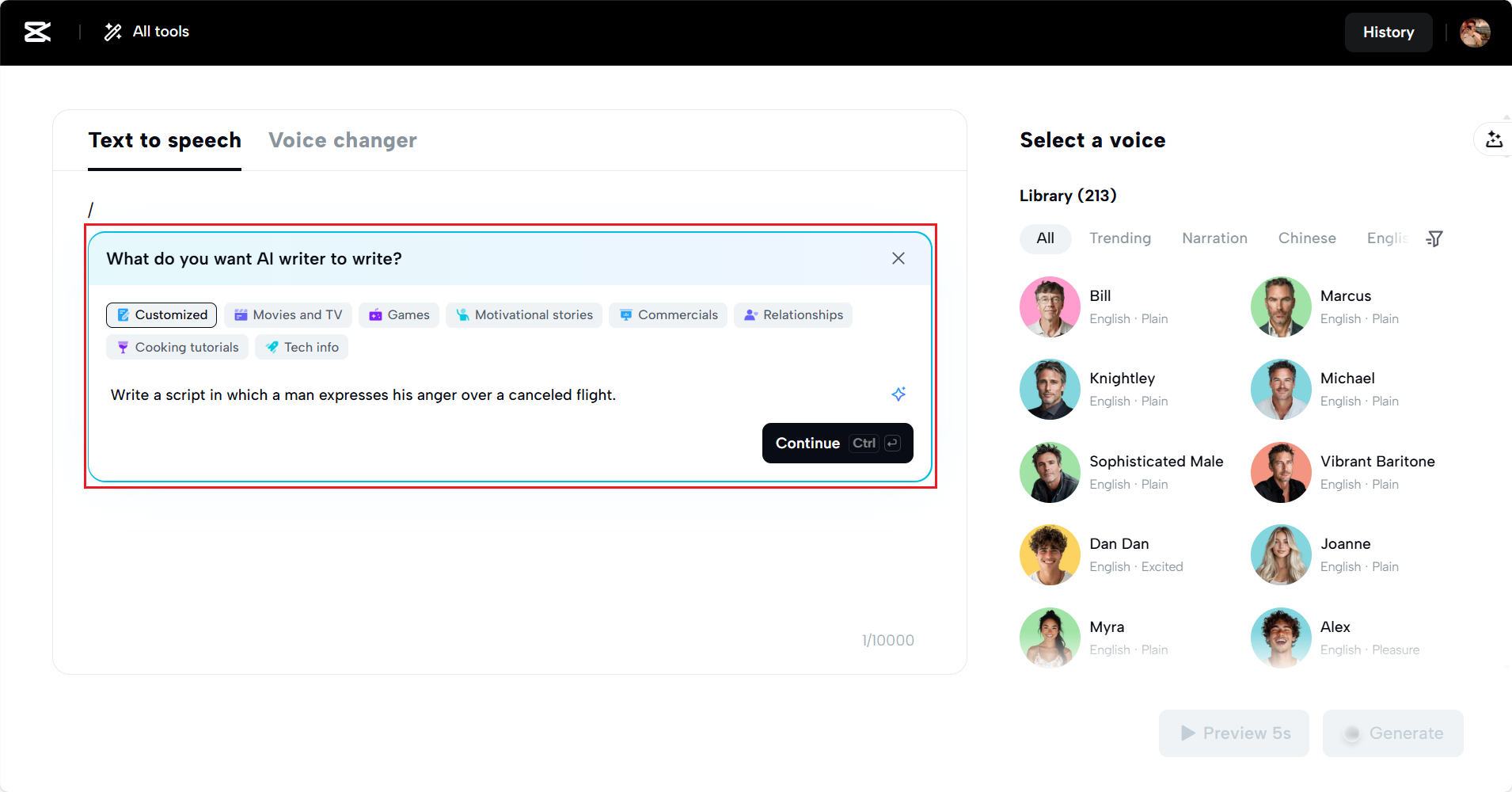Type in your script or use the AI writer
