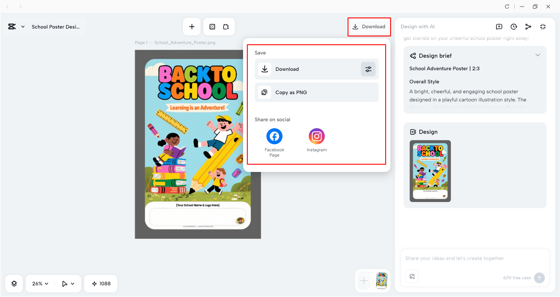 Downloading the school poster design from CapCut