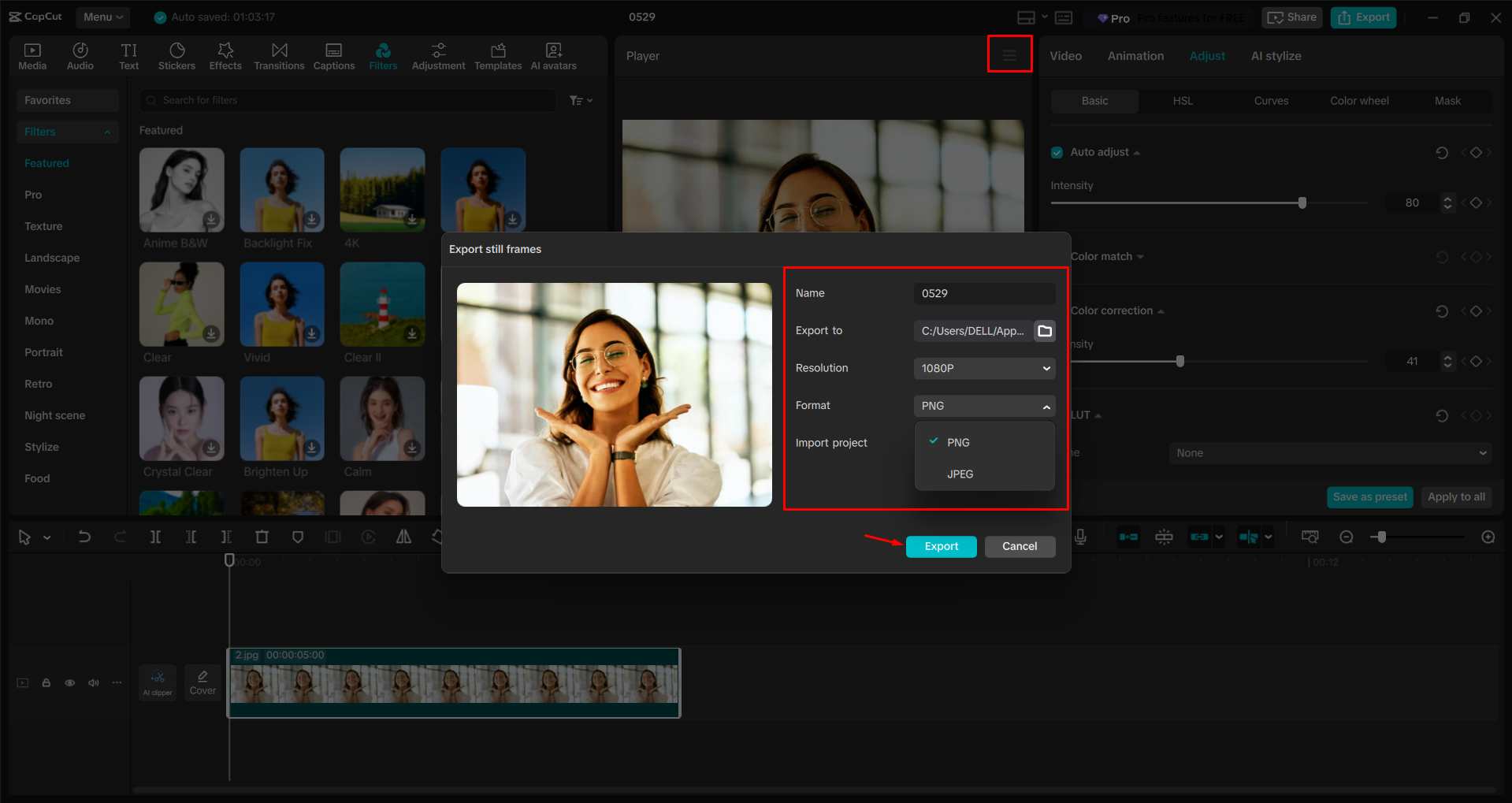 Exporting a picture from the CapCut desktop video editor