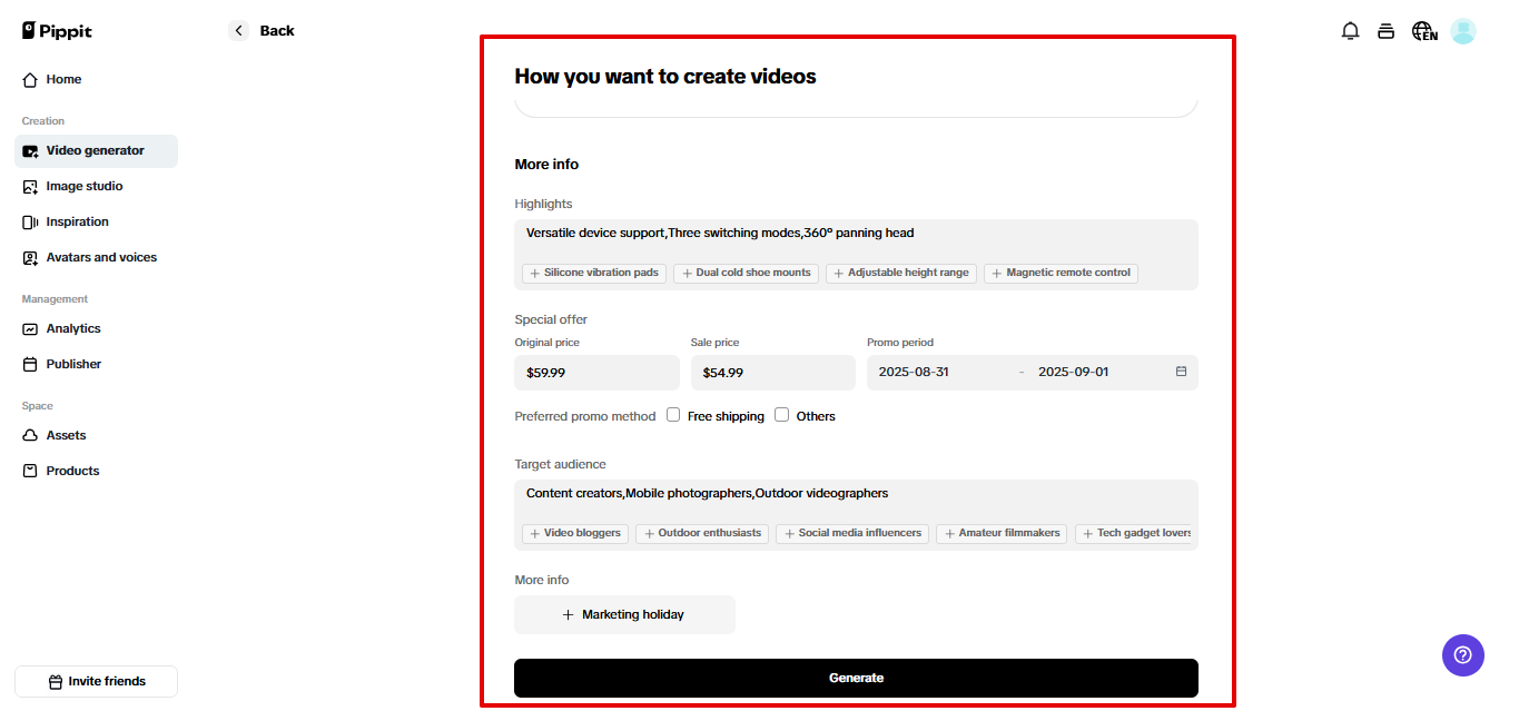 Generating video in Pippitpeop