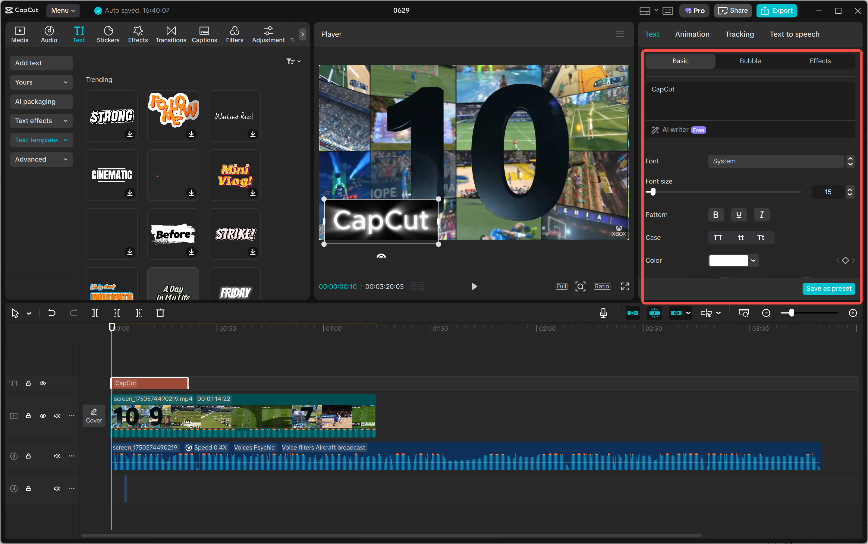 CapCut antara muka editor video yang menunjukkan pilihan penyesuaian teks.