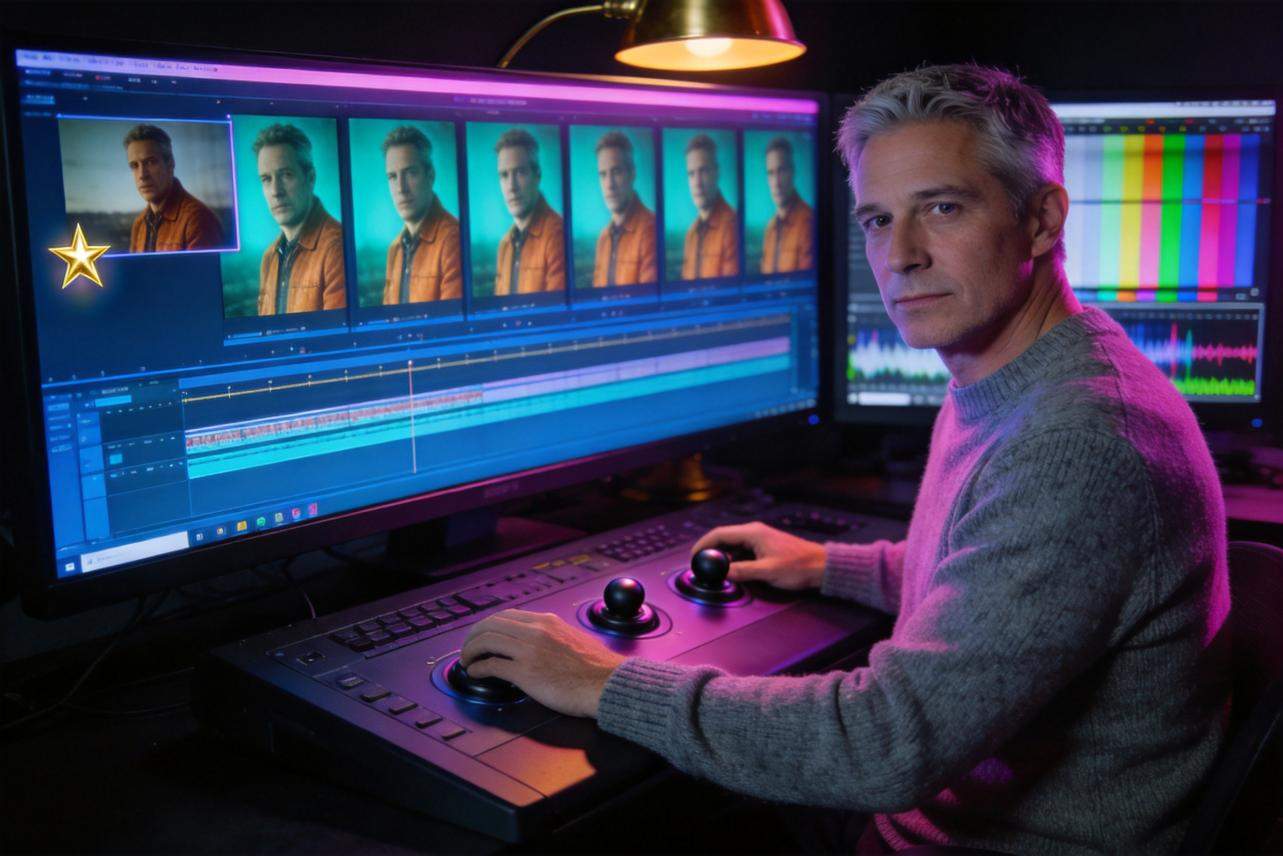 Video editor adjusting color on multiple clips in a timeline on dual monitors