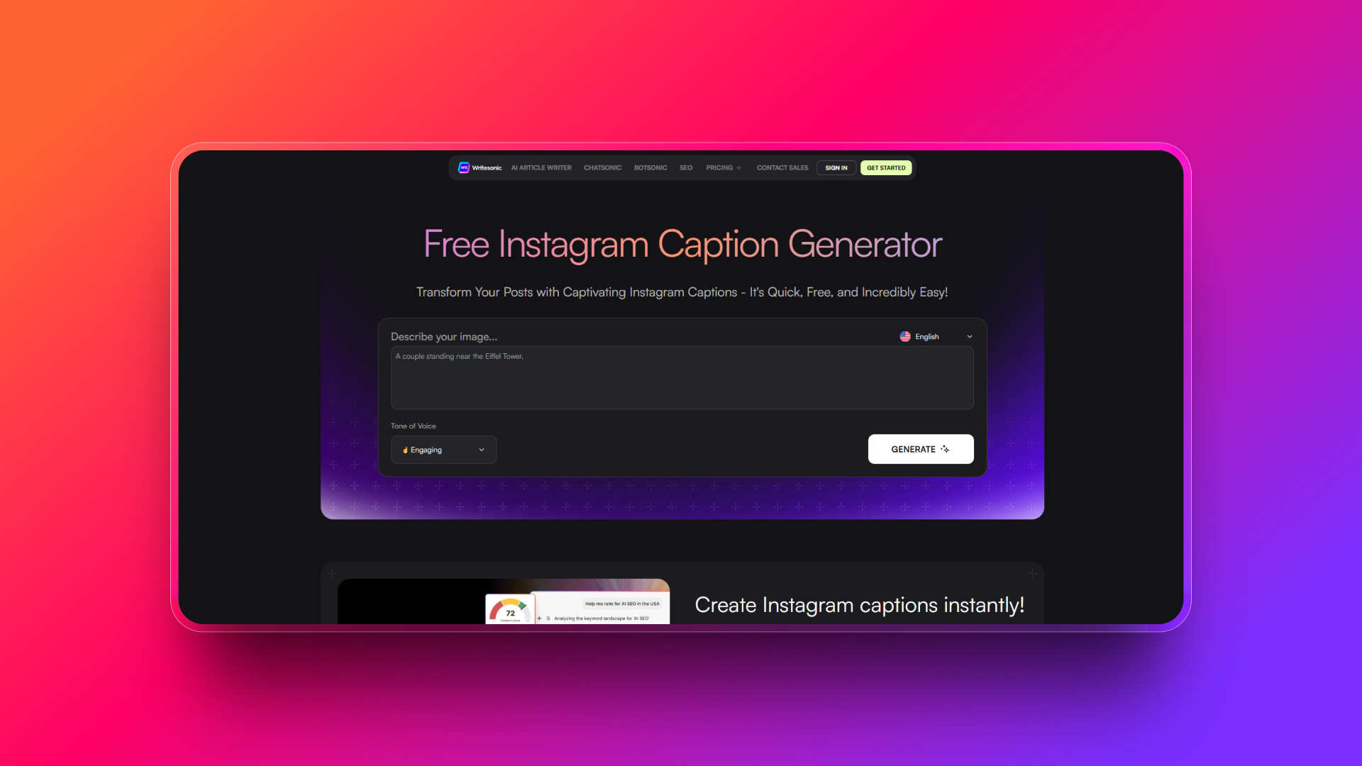 Social media caption generator by Writesonic