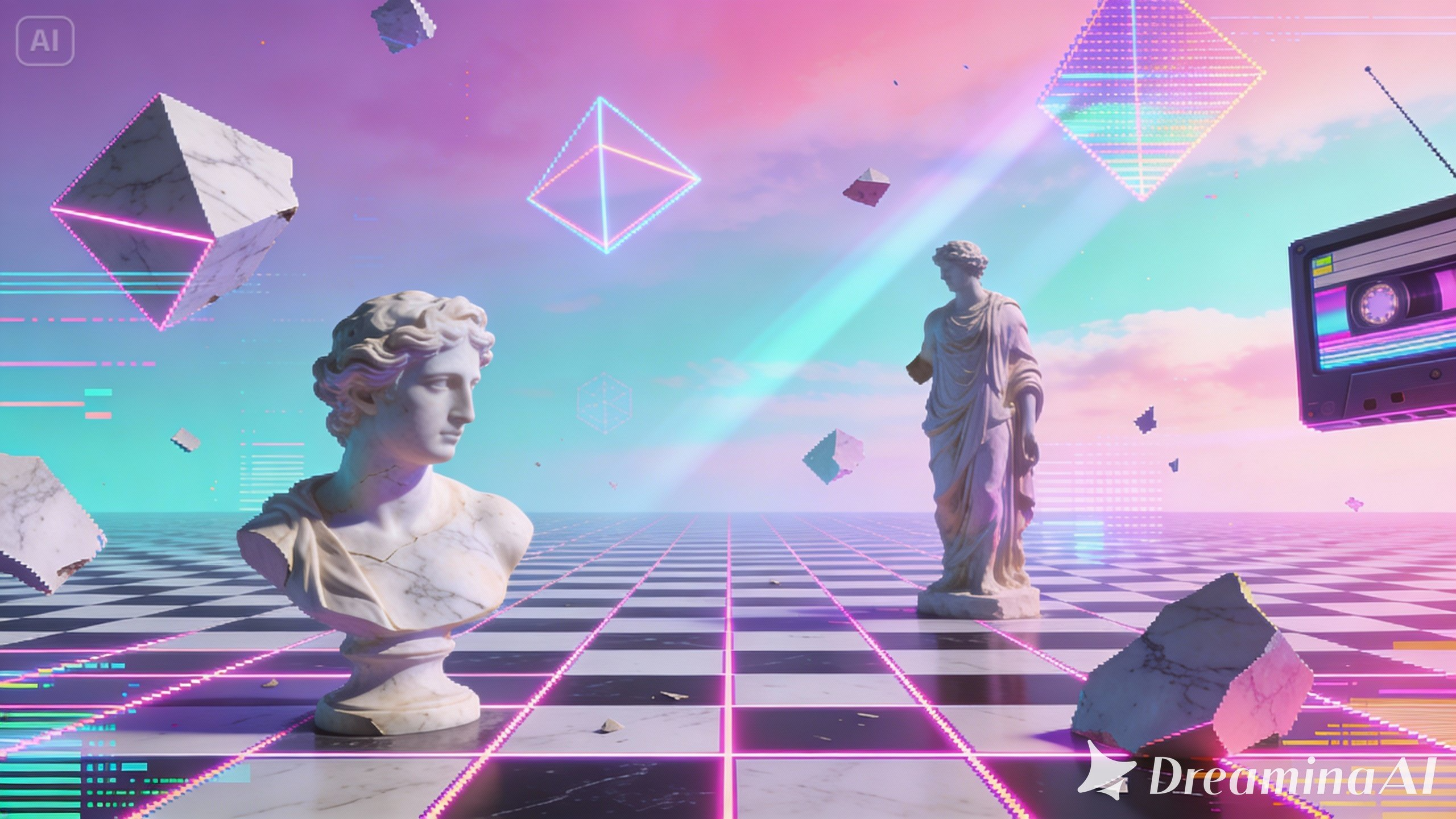 Surreal mundo vaporwave com objetos flutuantes