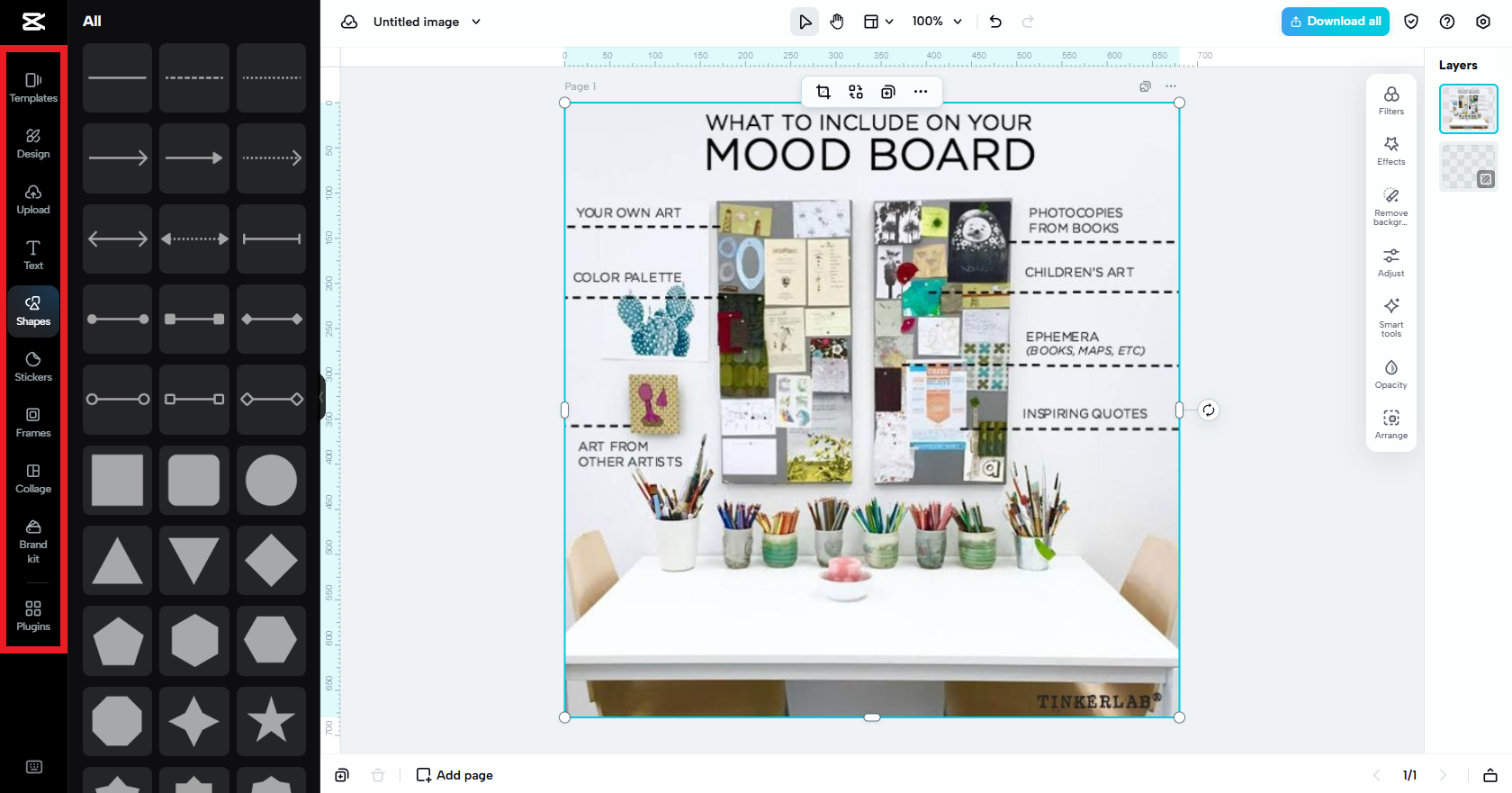 Customize your inspiration board with stickers, shapes, frames, etc.