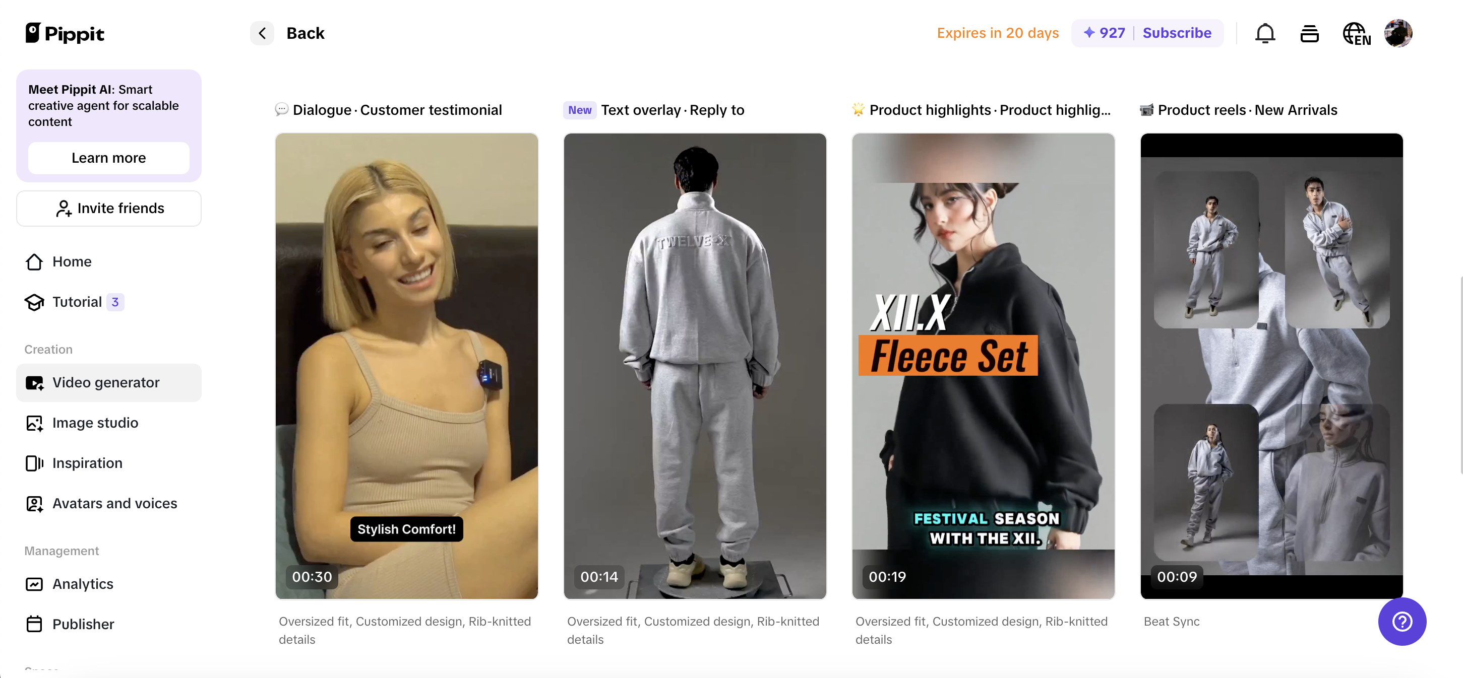 Pippit's AI-generated content options