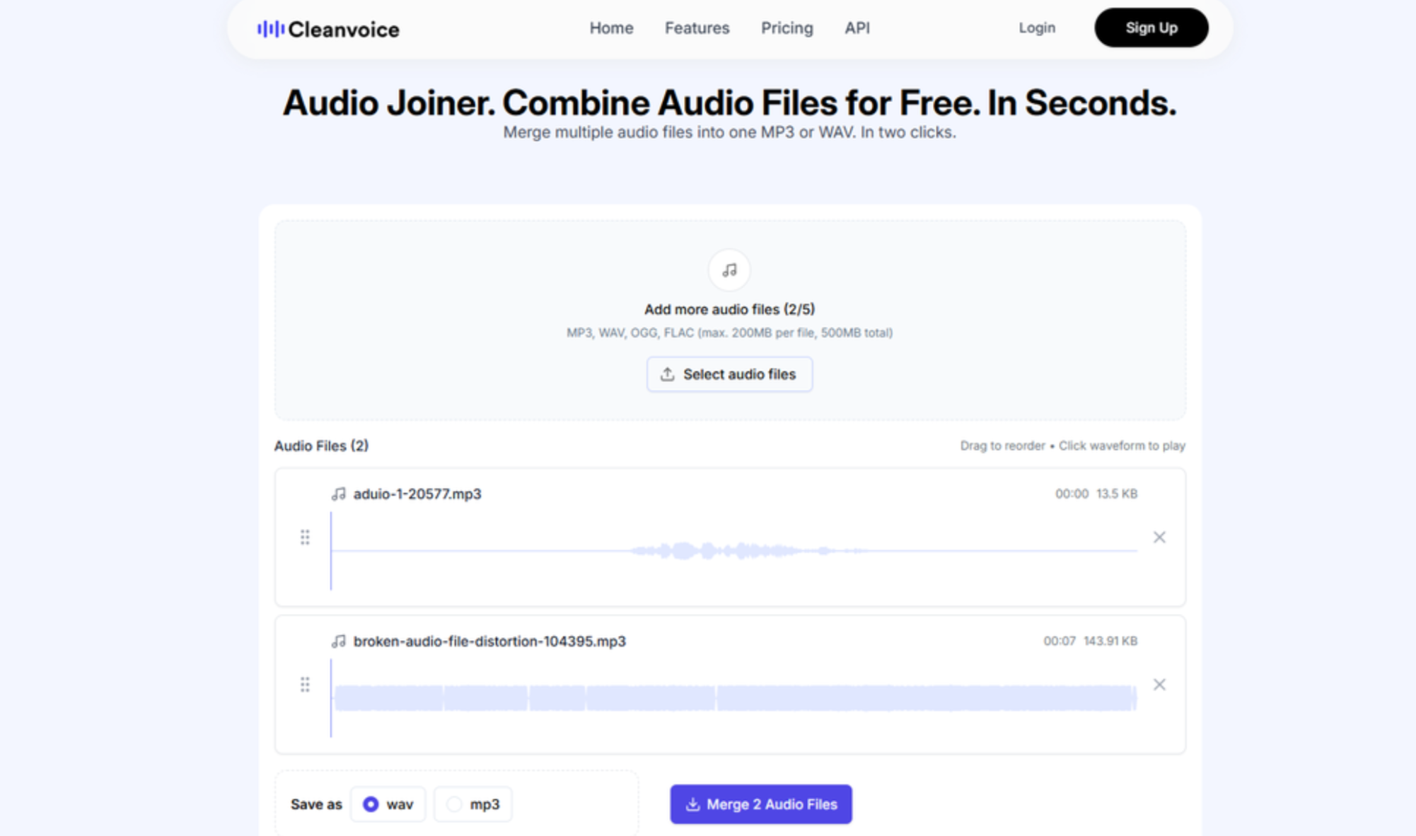 Interfaccia di Cleanvoice AI - un accessibile unificatore e miglioratore di MP3 online.
