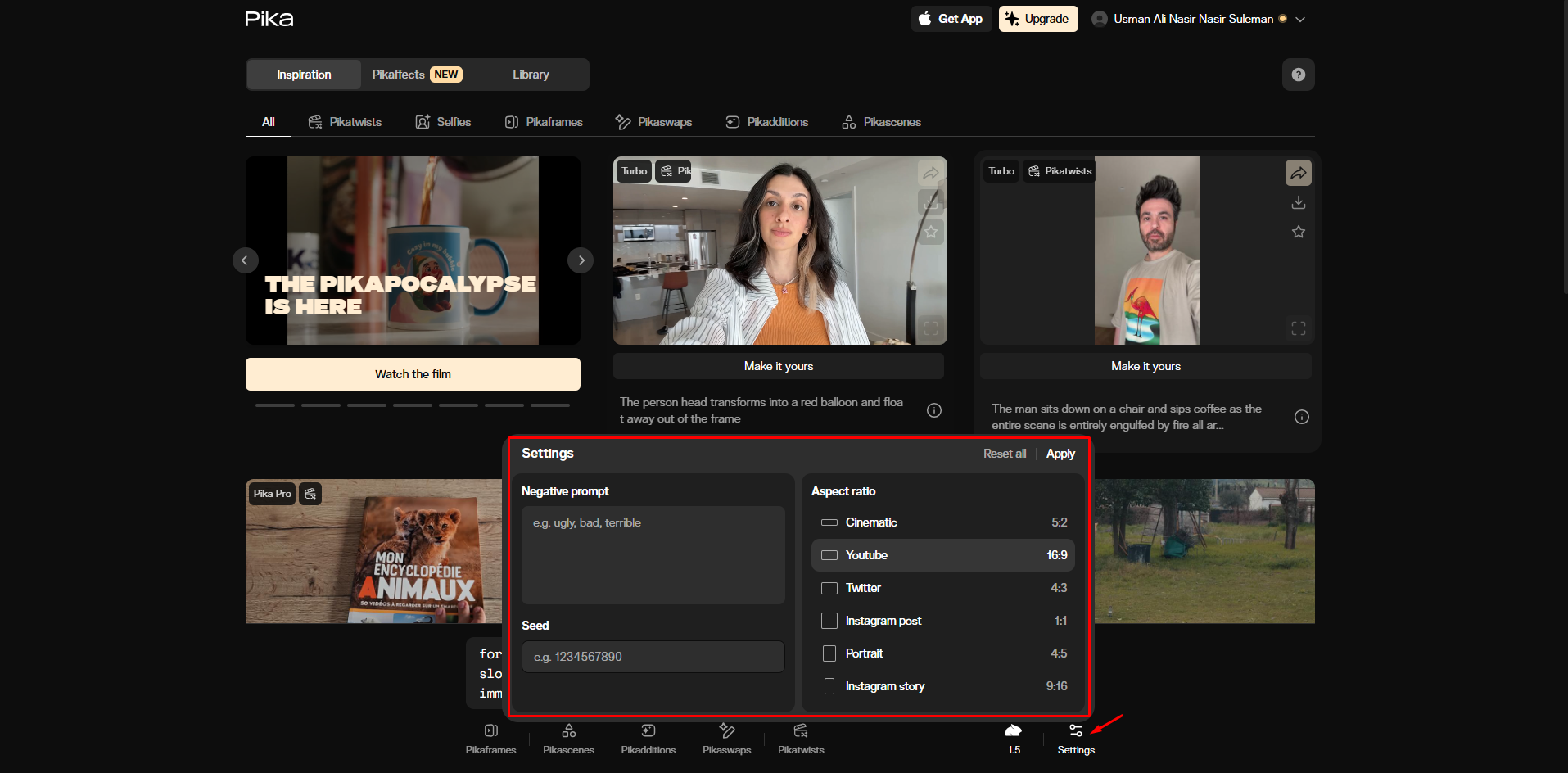 Memilih tetapan video yang sesuai dalam Pika AI video generator