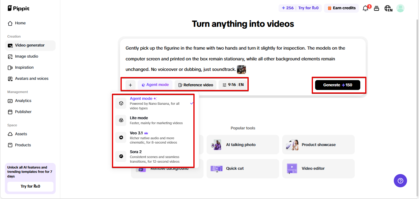 Generating video with Pippit