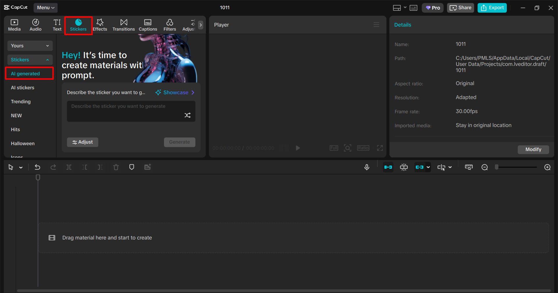 Accessing the AI sticker generator in the CapCut desktop video editor