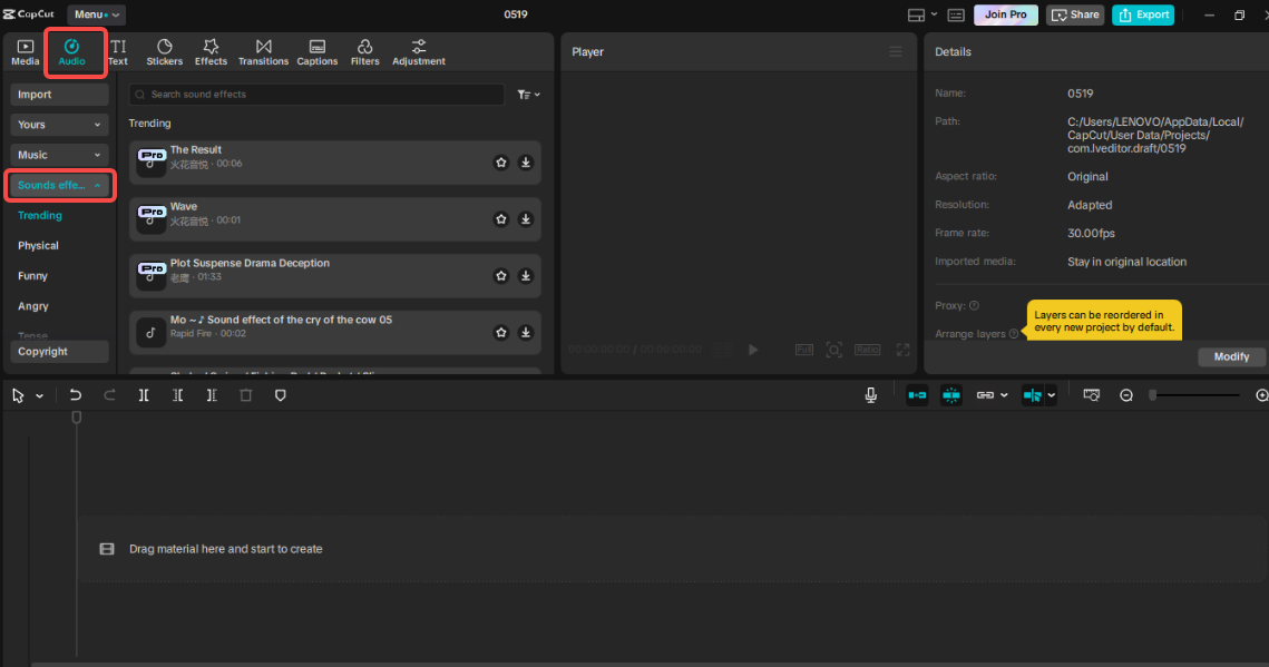 Accessing the sound effects library in CapCut