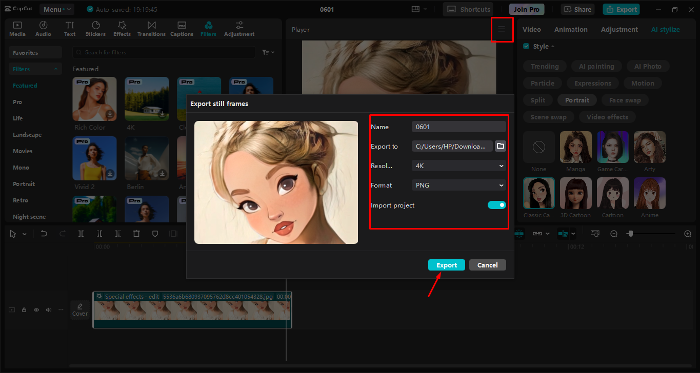 Exporting the final image from the CapCut desktop video editor