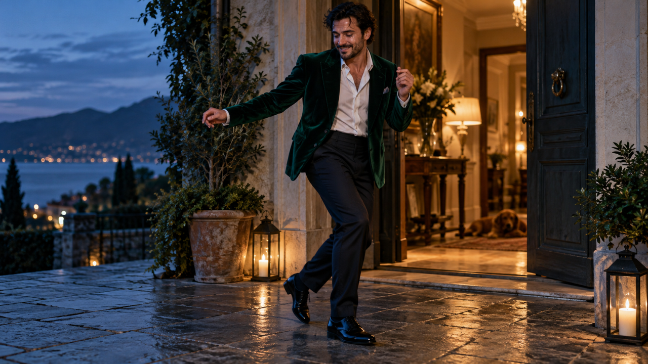 Illustrative transition keyframe, not a tested video result: full-body original adult man in emerald velvet jacket, faint tear and sly smile, beginning a sidestep in a blue-hour doorway; landscape 16:9.