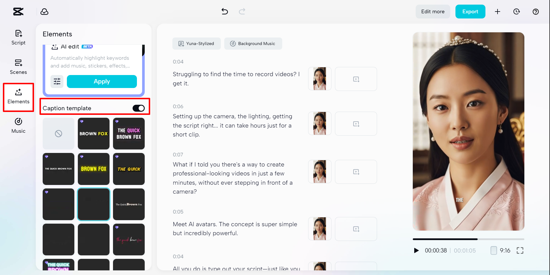 Adding caption templates to a video in the Capcut desktop video editor