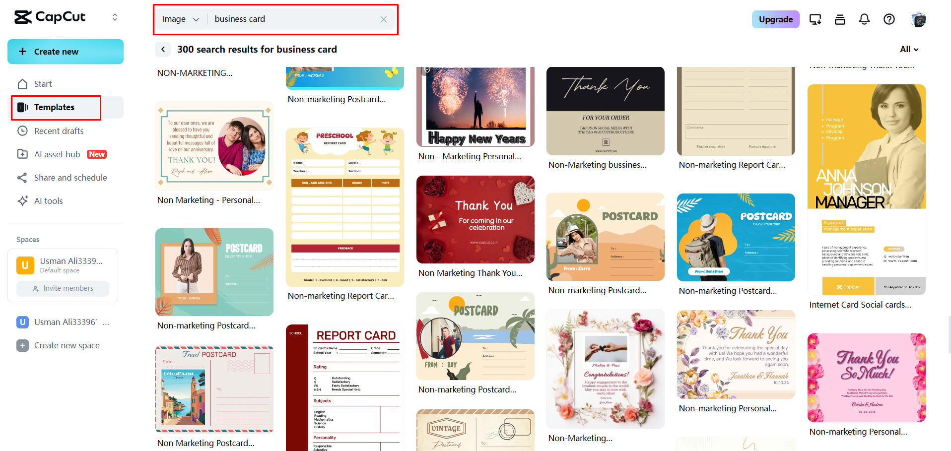 Selecting an engaging business card template in CapCut Web