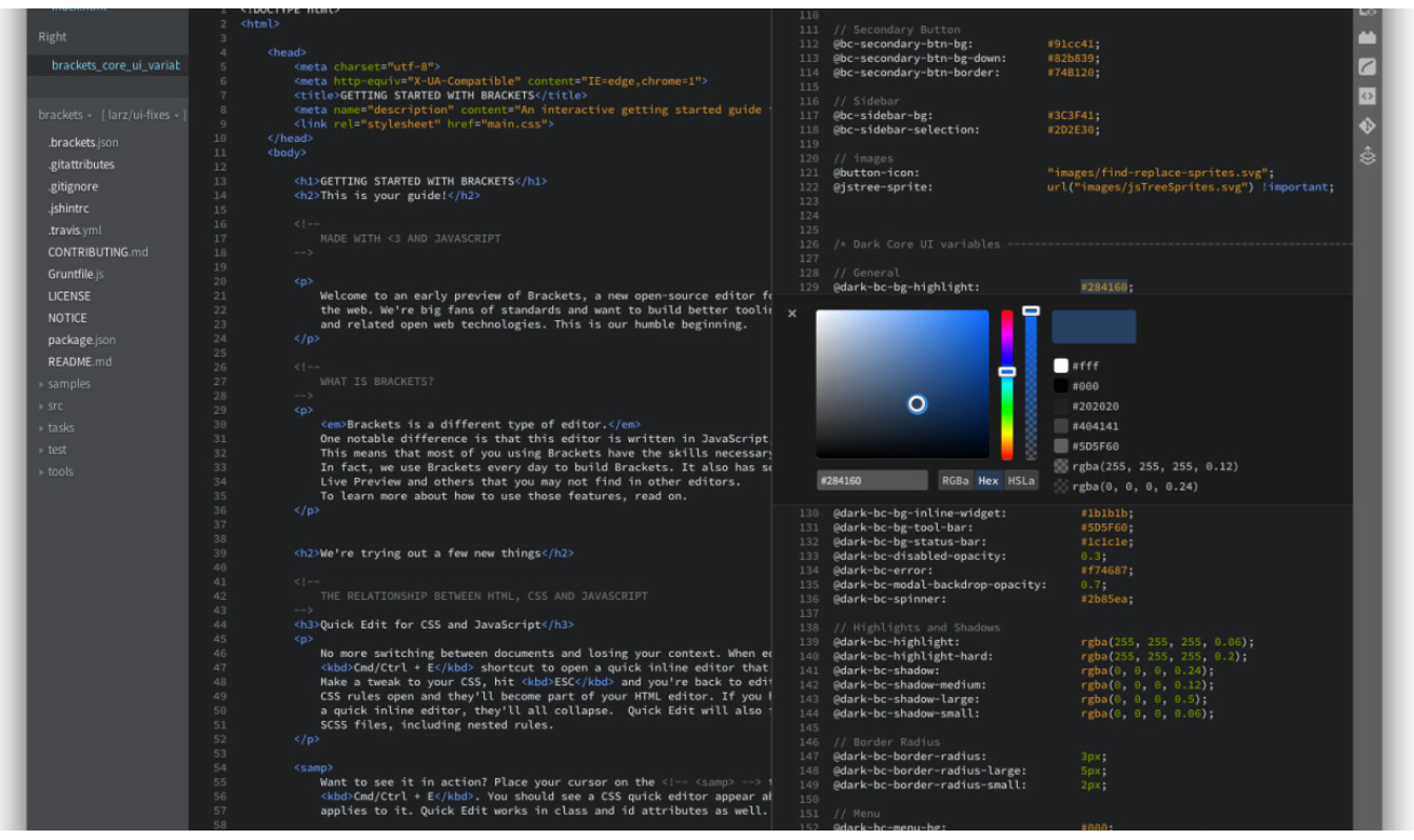 A Brackets code editor window displays HTML and CSS side by side with an open color picker.