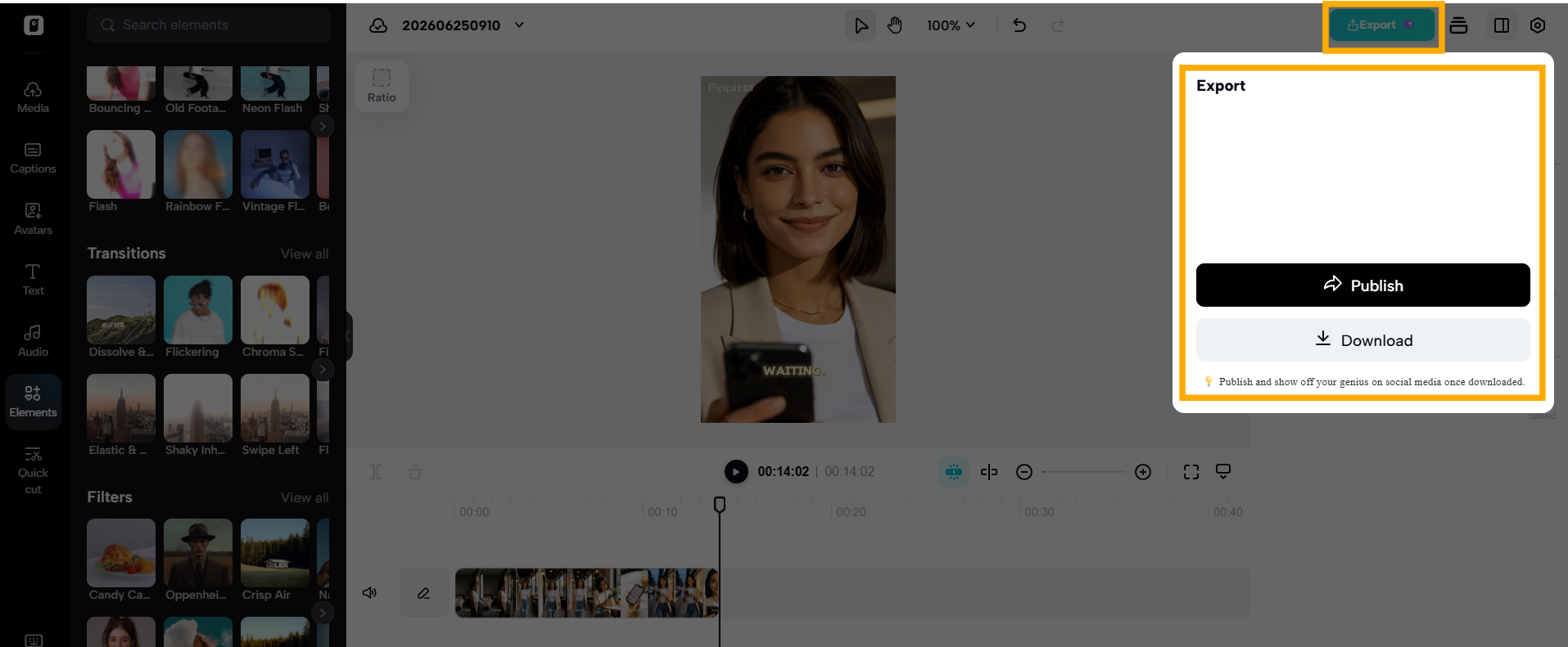 Video export screen showing finalized cinematic transition edits in Pippit AI