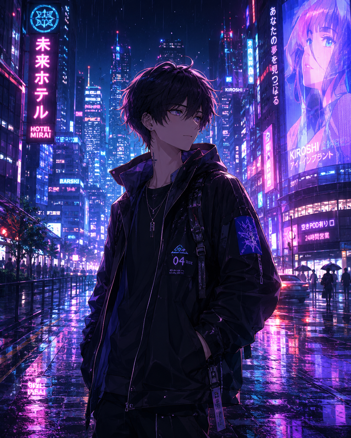 Isang batang karakter na nakatayo sa futuristic na lungsod
