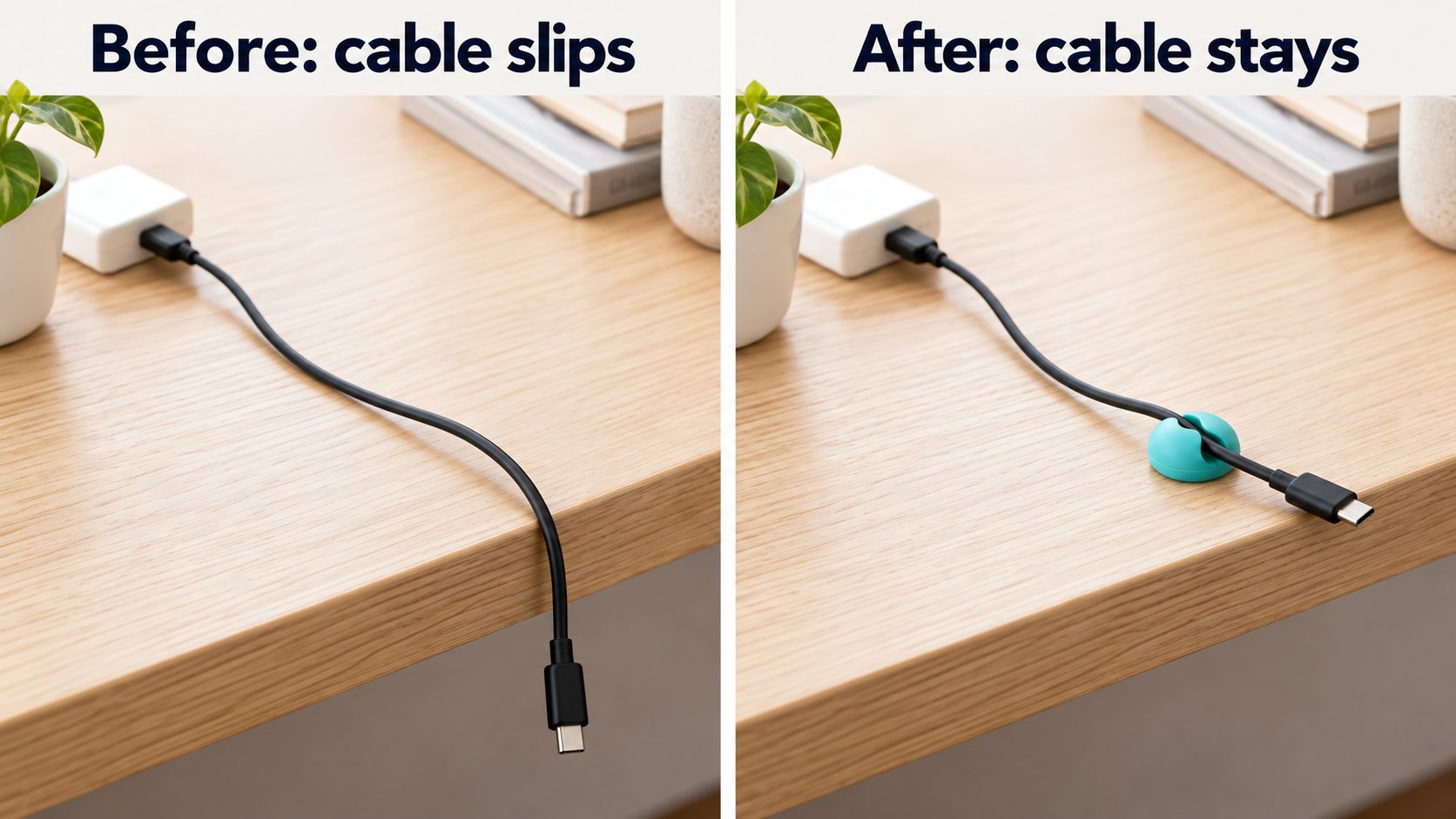 Illustrated cable example contrasts a cable slipping below the desk with the same cable secured within reach