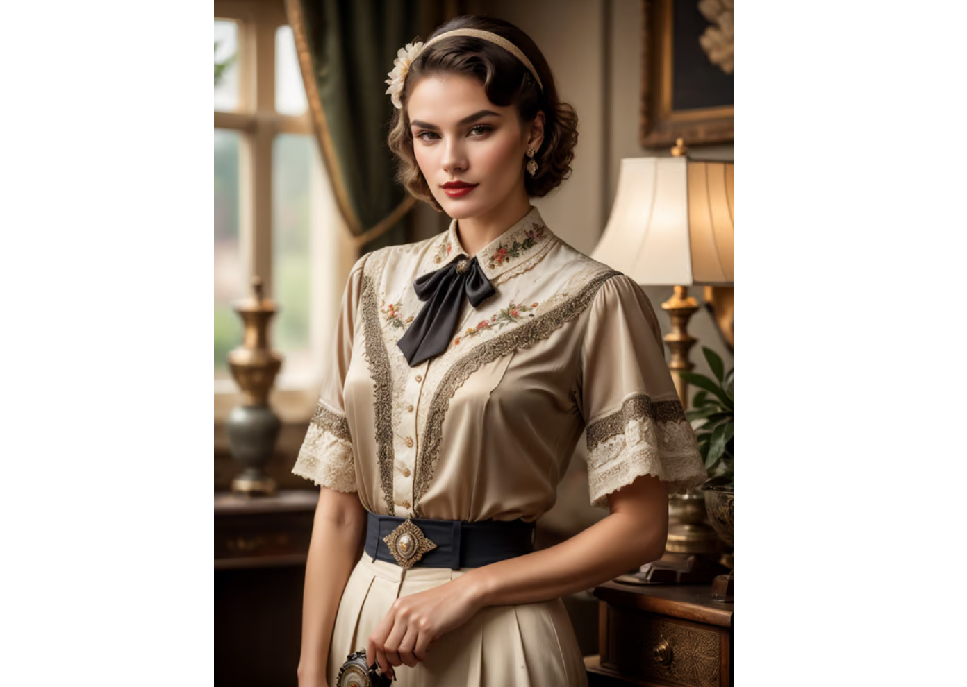 AI model in vintage festive outfit