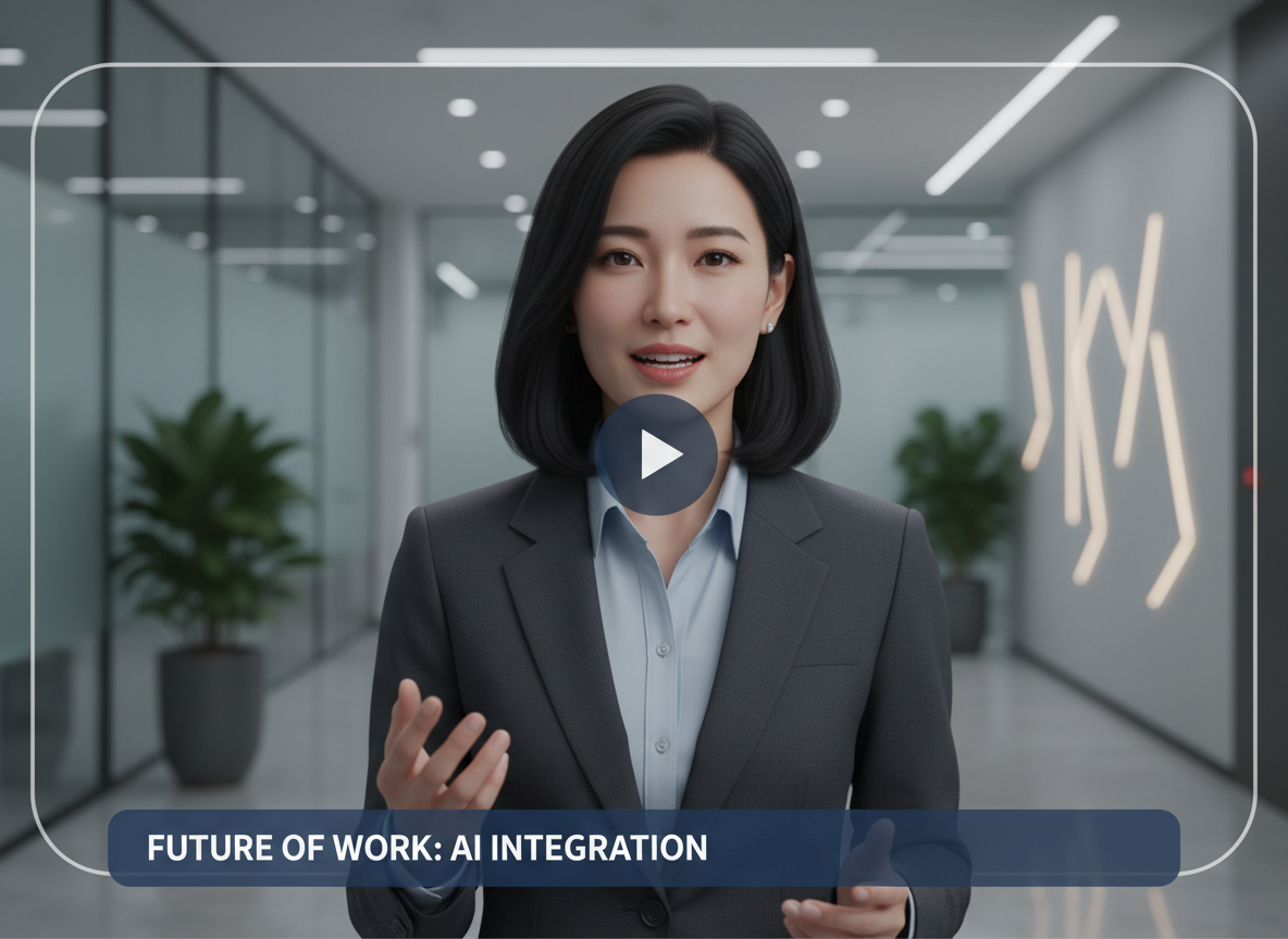Avatar AI menyampaikan pengumuman gaya LinkedIn di pejabat korporat moden, estetika perniagaan yang bersih dengan petunjuk UI suapan halus.