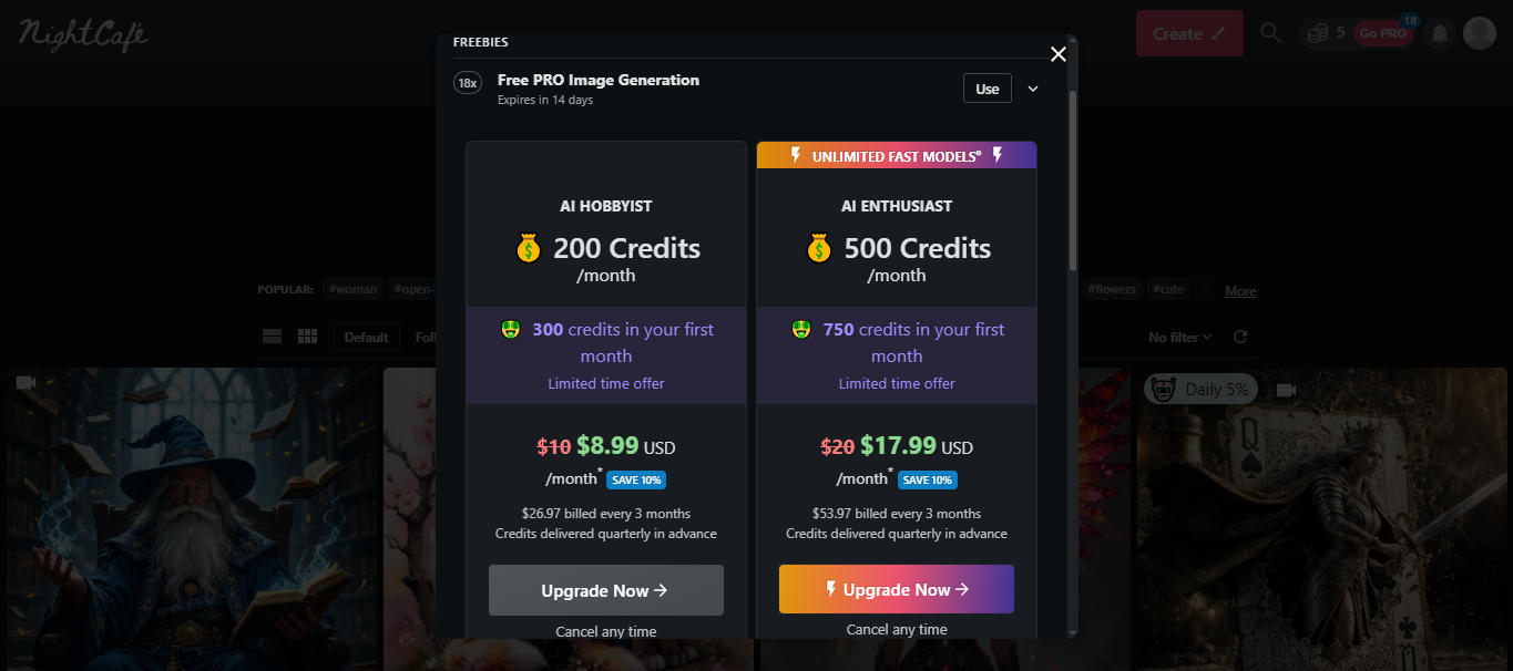 Planos de preços do NightCafe