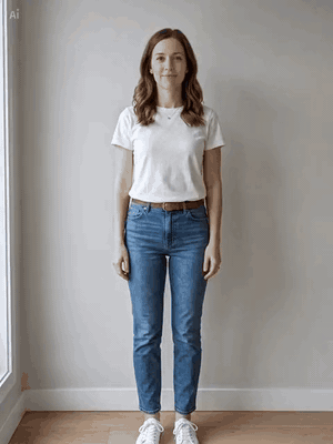 Woman standing upright against a wall in a white T-shirt and jeans