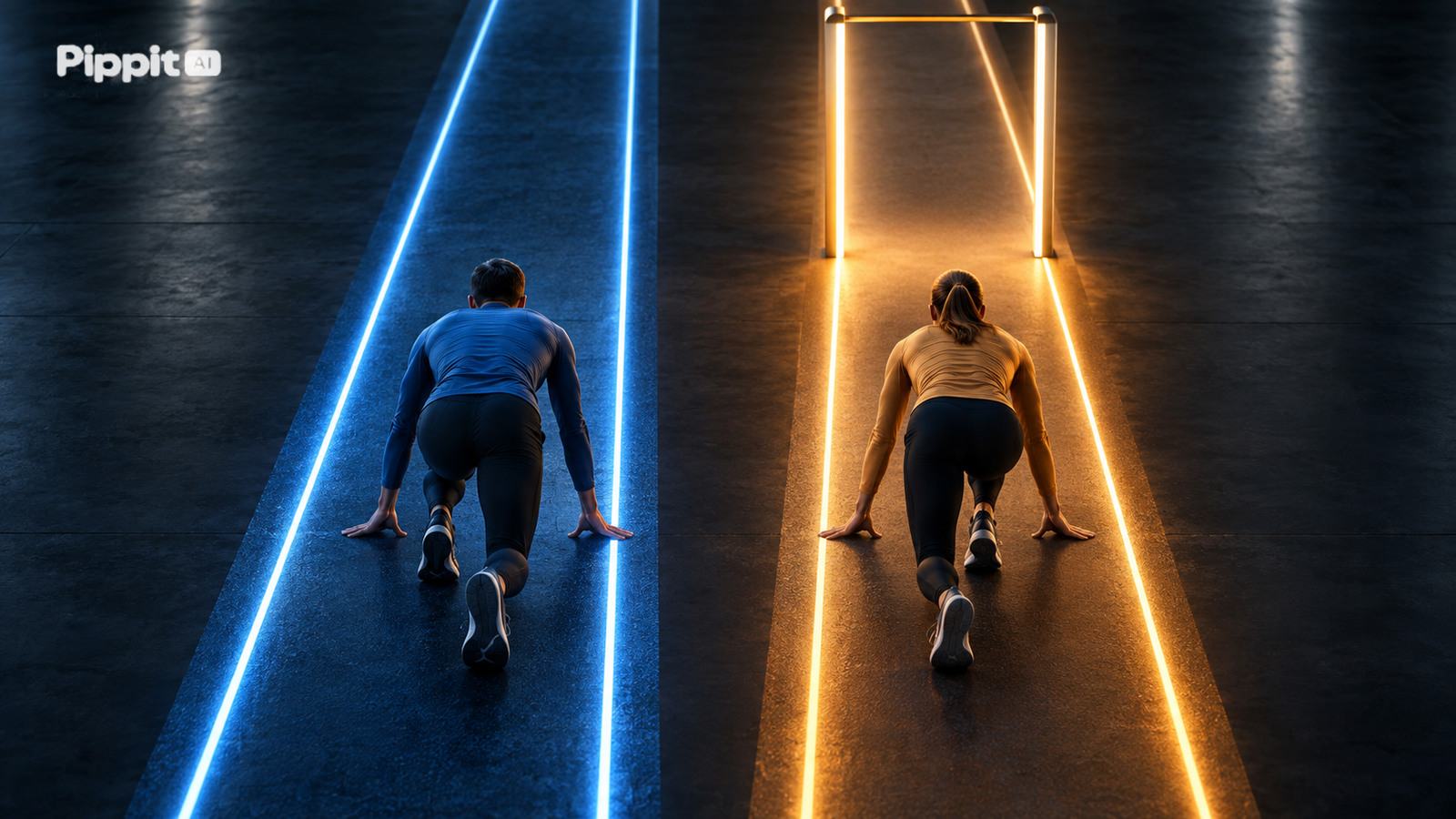 Two fully clothed adult runners move on parallel illuminated tracks with one distinct light gate on the test side.