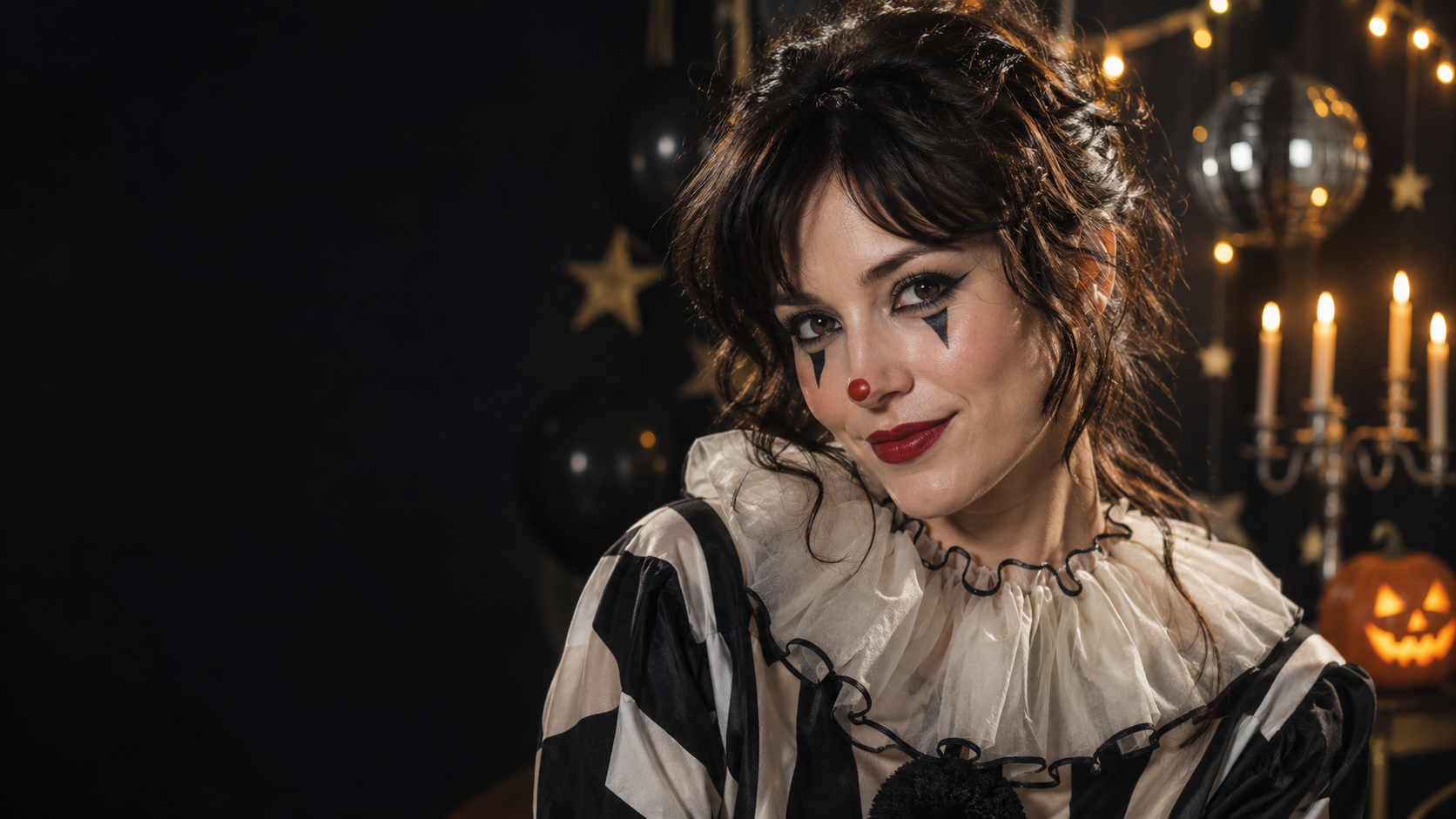 Grafischer Clown-Party-Look: Eine fiktive erwachsene Person mit minimalen schwarz-weißen Clown-Dreiecken um die Augen und einer winzigen kirschroten Nase, scharfer Schönheitsbeleuchtung und Partykulisse.