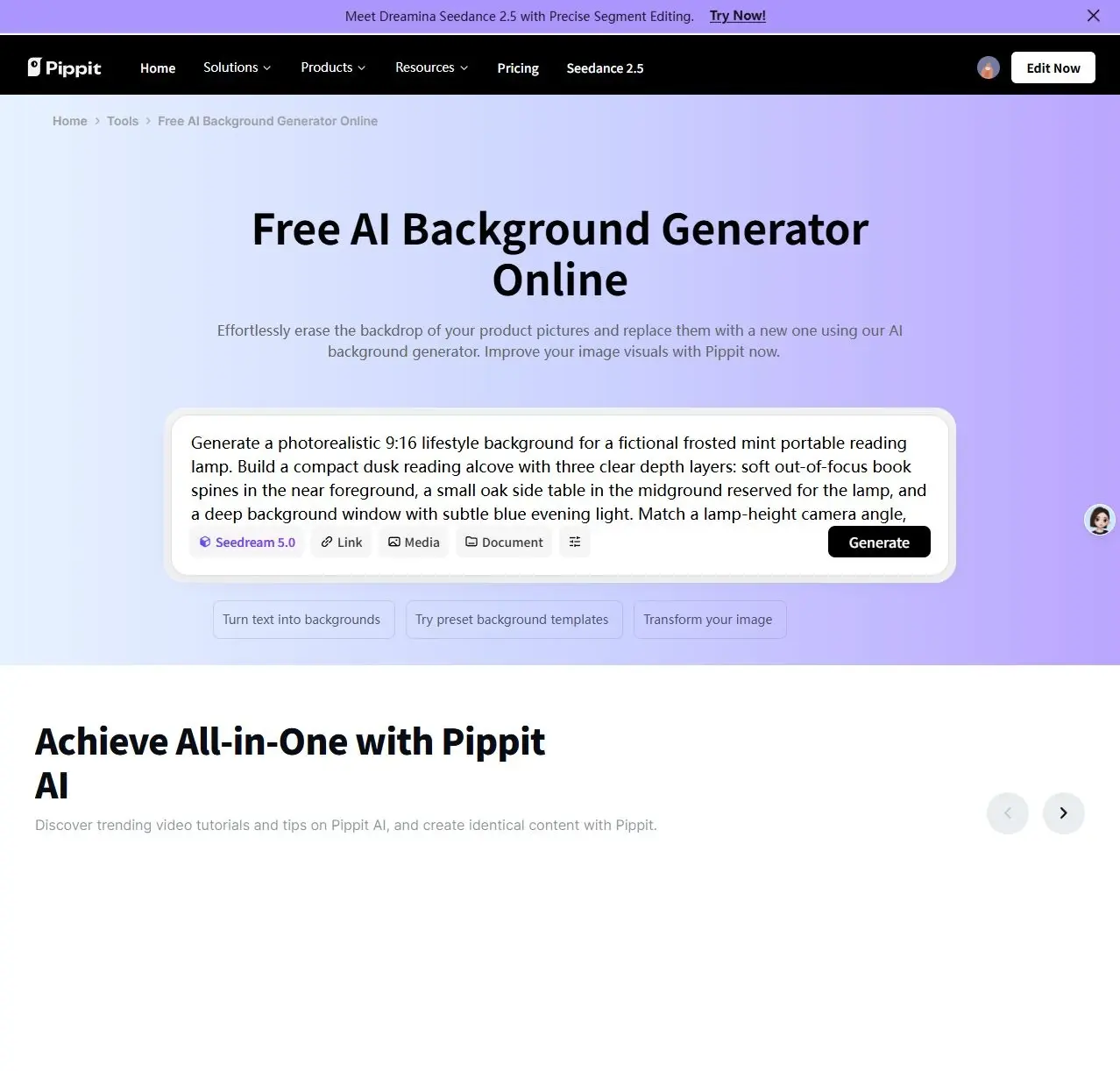 Página web de Pippit mostrando un editor de texto para el Generador Gratuito de Fondos con IA Online