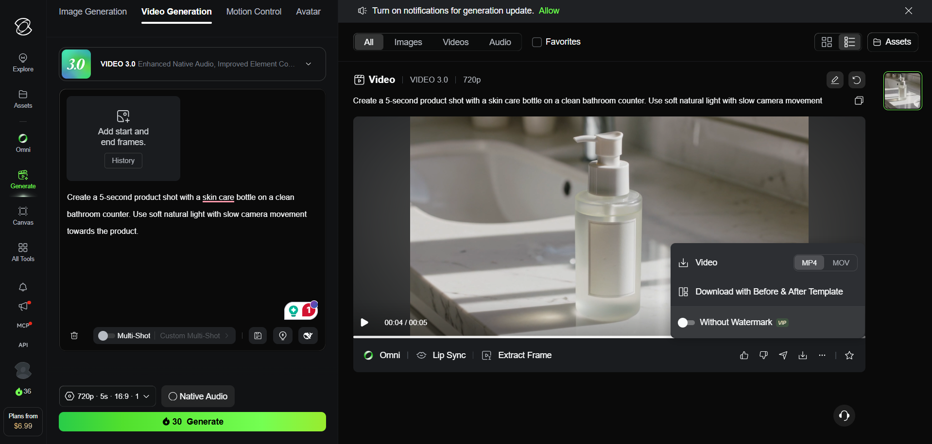 Alt: Exporting a video after using the selected Kling plan credits