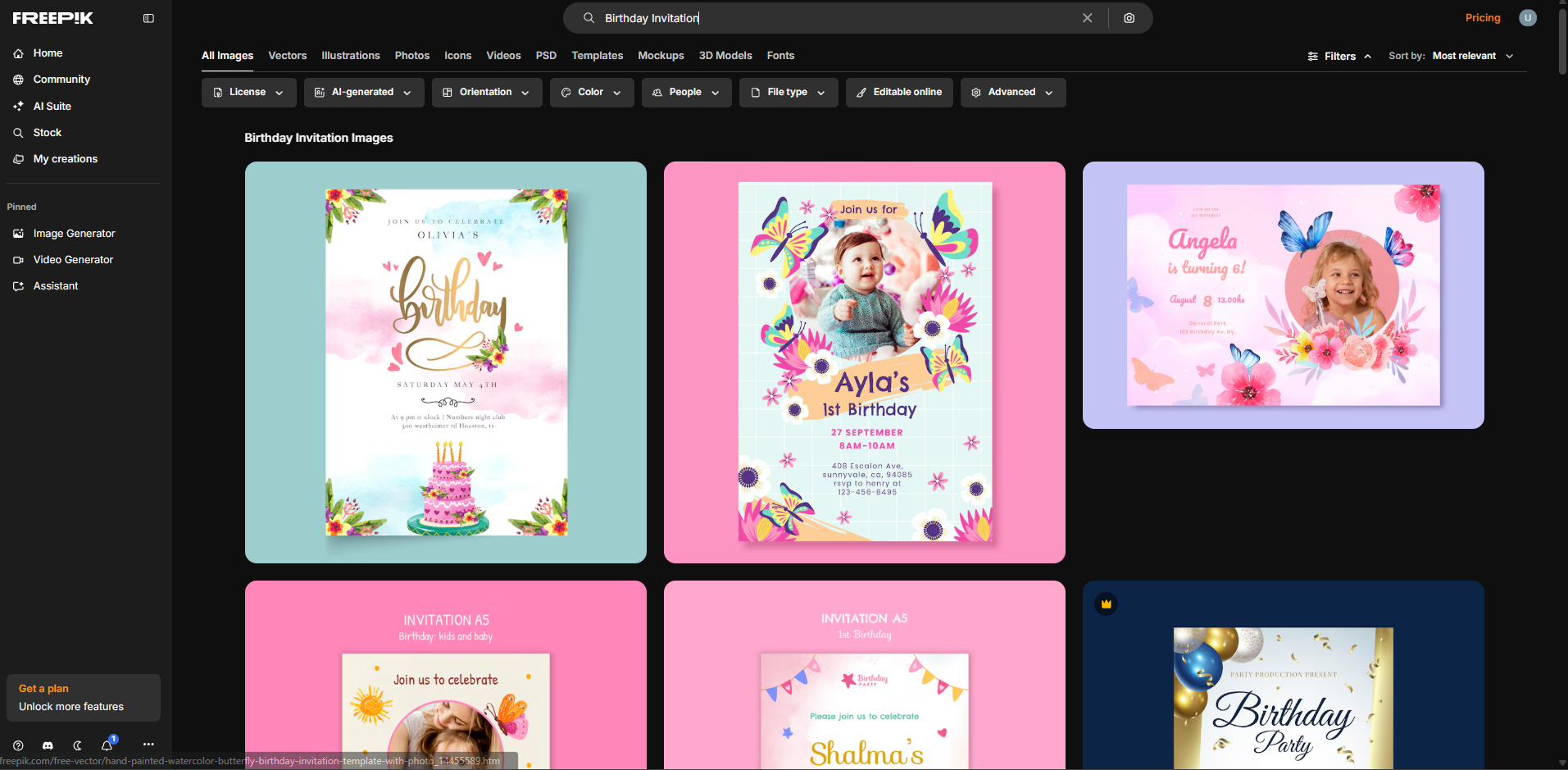 Interface of Freepik - a free resource for birthday invite backgrounds