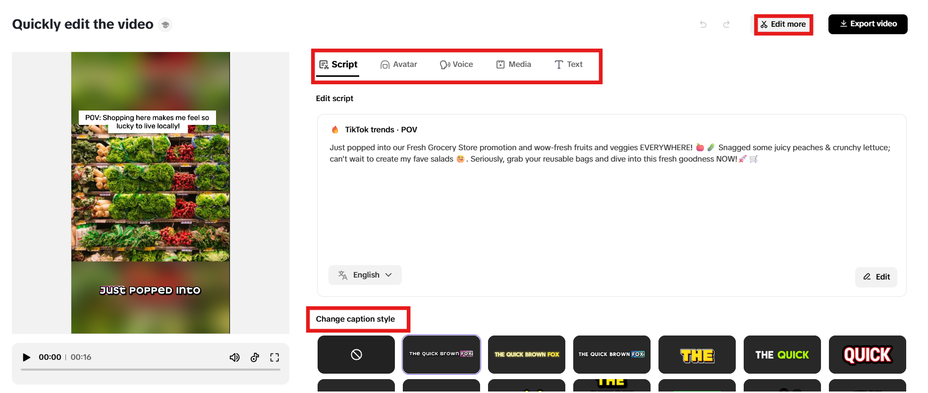 Mabilisang pagpipilian para sa pag-edit