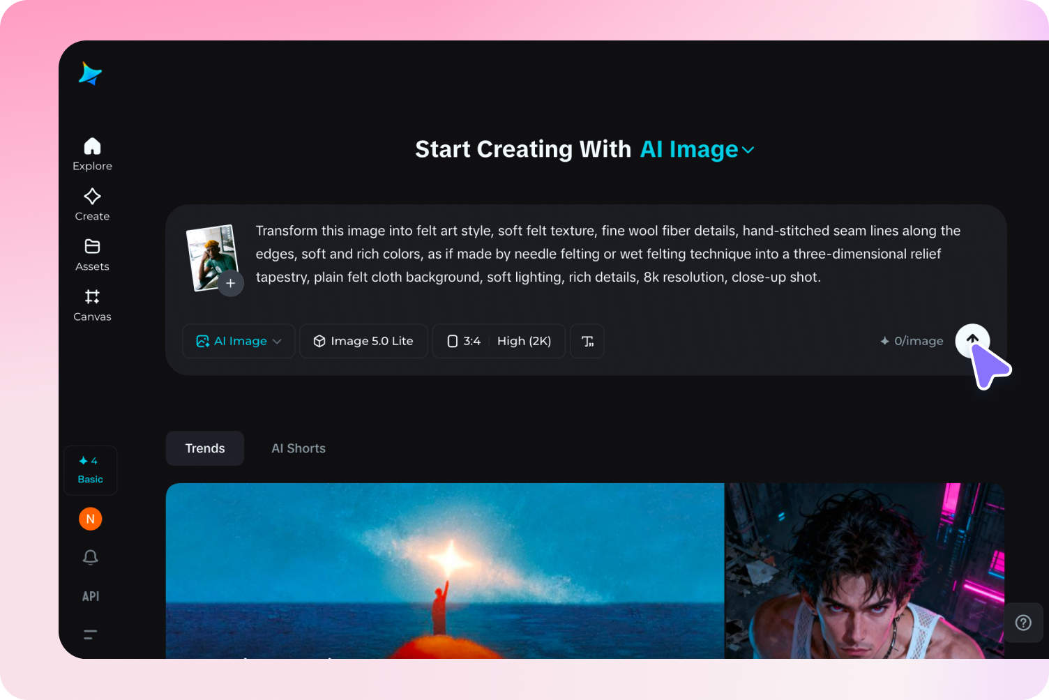 Inserisci messaggi di testo e immagini per la generazione di feltro artistico