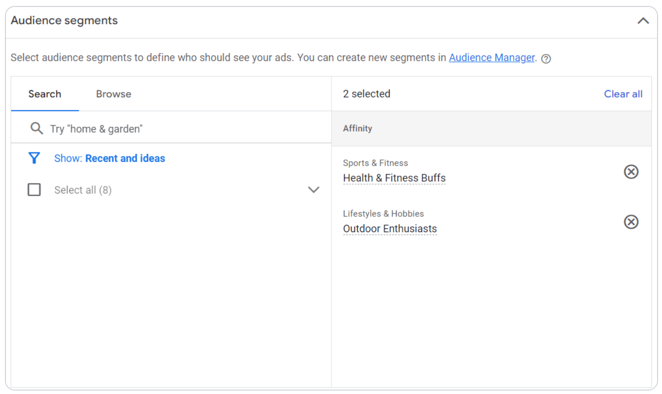 Выберите из заранее определенных сегментов аудитории в Google Ads