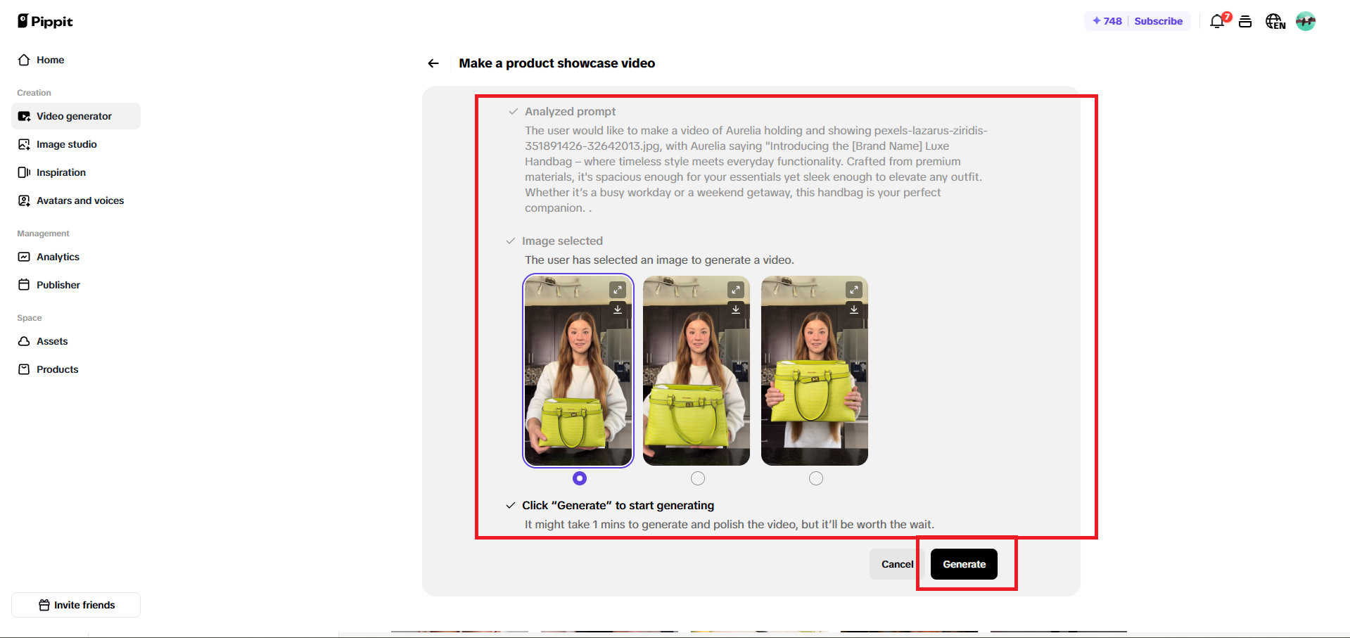 정지 이미지를 검토하고 선택한 뒤 생성하세요