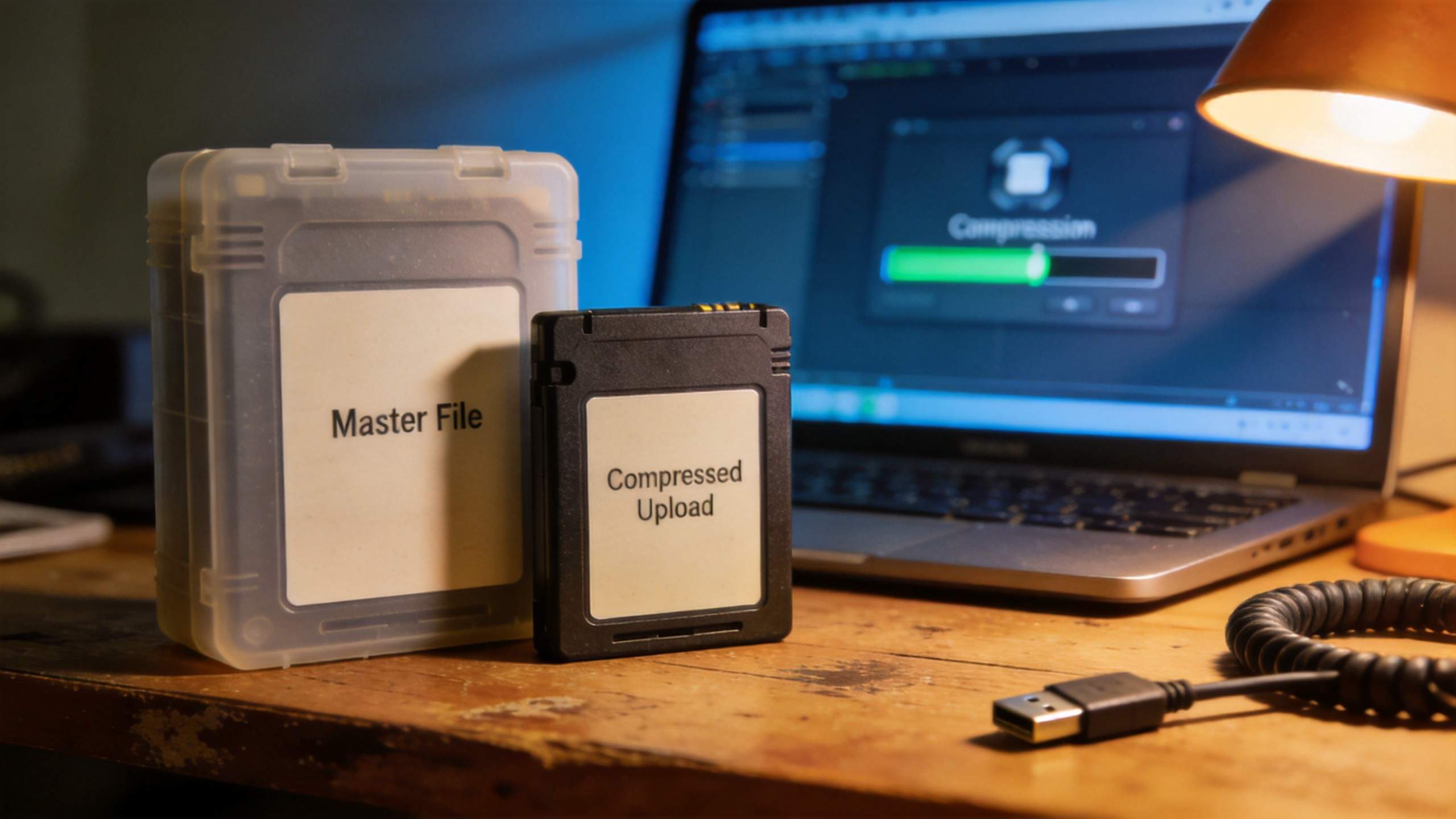 Master File and Compressed Upload labeled storage cases on a desk beside a laptop showing compression