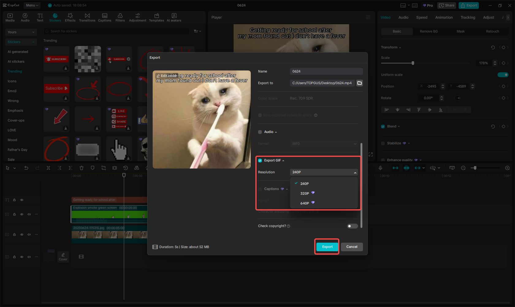 Exporting in GIF format in CapCut